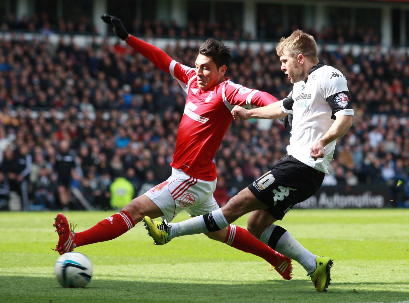 Football - Derby County v Nottingham Forest - Sky Bet Football League Championship - iPro Stadium - 13/14 - 22/3/14 
Derby's Jamie Ward in action with Nottingham Forest's Gonzalo Jara  
Mandatory Credit: Action Images / David Field  
EDITORIAL USE ONLY. No use with unauthorized audio, video, data, fixture lists, club/league logos or 