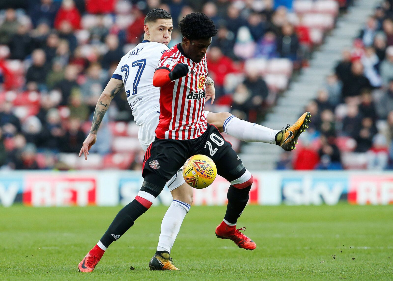 Soccer Football - Championship - Sunderland vs Middlesbrough - Stadium of Light, Sunderland, Britain - February 24, 2018   Middlesbrough's Muhamed Besic (L) in action with Sunderland's Josh Maja   Action Images/Craig Brough    EDITORIAL USE ONLY. No use with unauthorized audio, video, data, fixture lists, club/league logos or 