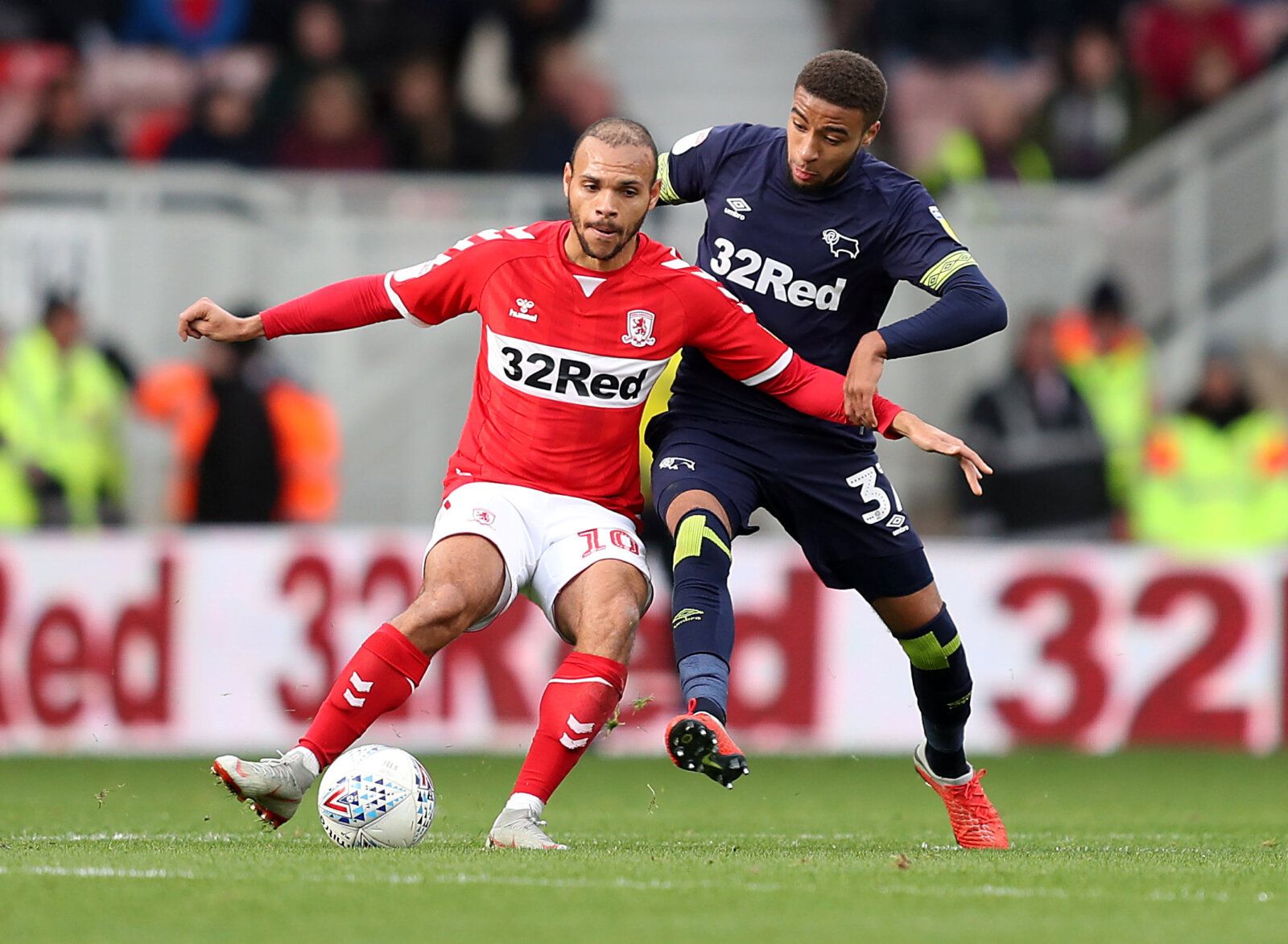 Soccer Football - Championship - Middlesbrough v Derby County - Riverside Stadium, Middlesbrough, Britain - October 27, 2018   Middlesbrough's Martin Braithwaite in action with Derby County's Jayden Bogle   Action Images/John Clifton    EDITORIAL USE ONLY. No use with unauthorized audio, video, data, fixture lists, club/league logos or 