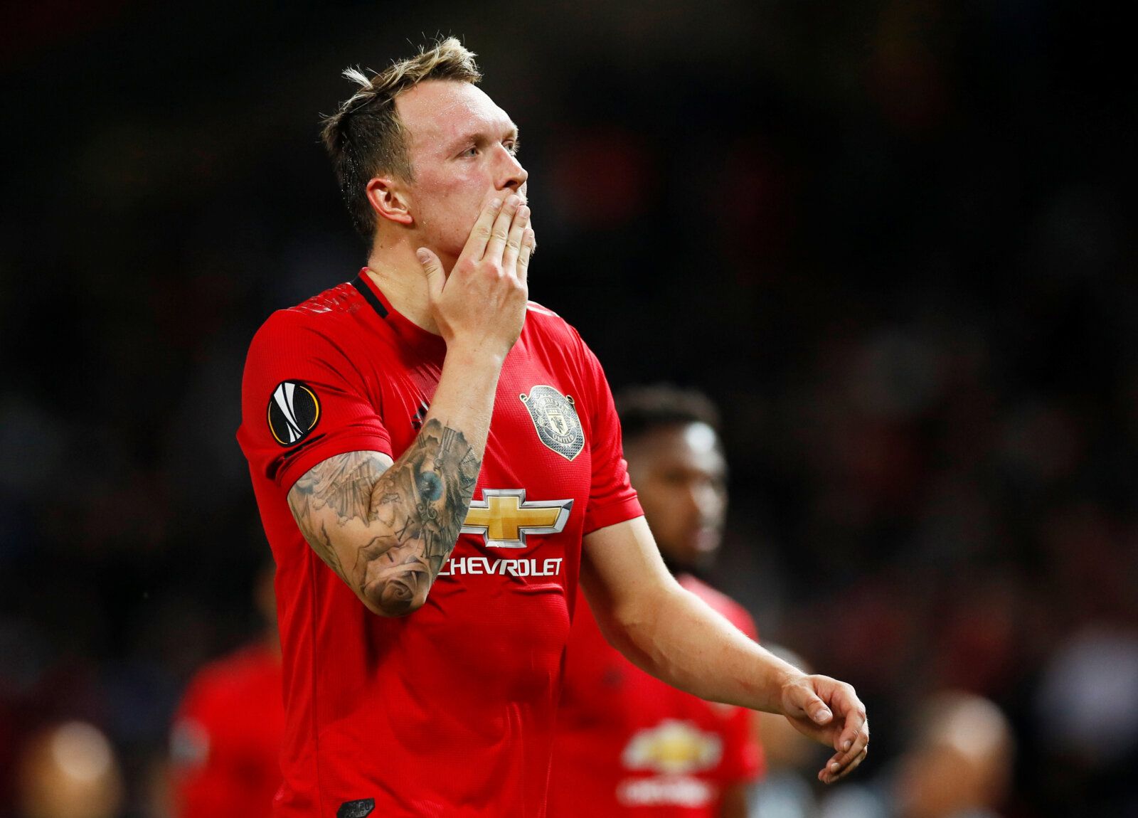 Soccer Football - Europa League - Group L - Manchester United v Astana - Old Trafford, Manchester, Britain - September 19, 2019  Manchester United's Phil Jones reacts at the end of the first half  Action Images via Reuters/Jason Cairnduff
