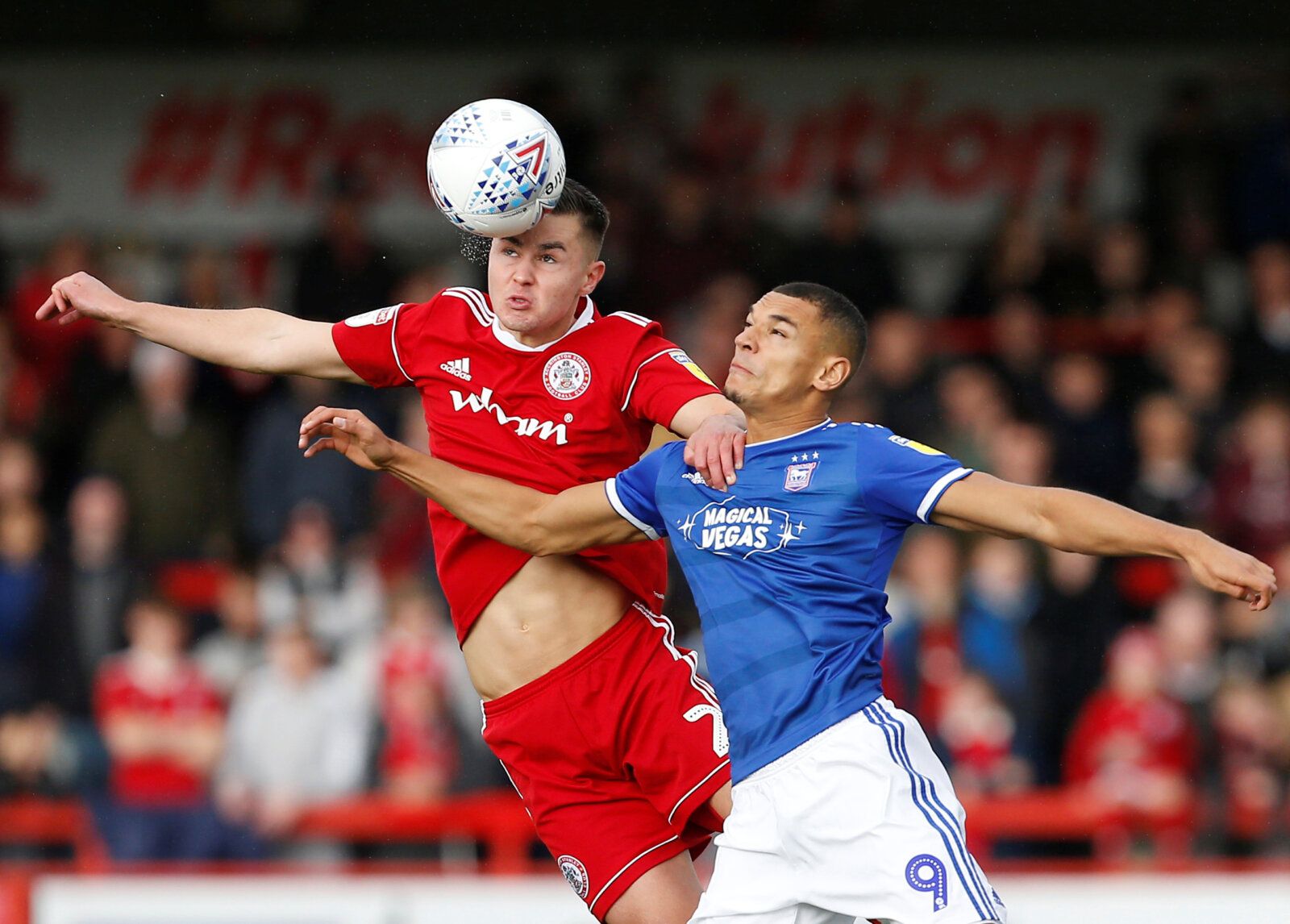 Soccer Football - League One - Accrington Stanley v Ipswich Town - Wham Stadium, Accrington, Britain - October 20, 2019   Accrington Stanley's Callum Johnson in action with Ipswich Town's Kayden Jackson   Action Images/Craig Brough    EDITORIAL USE ONLY. No use with unauthorized audio, video, data, fixture lists, club/league logos or 