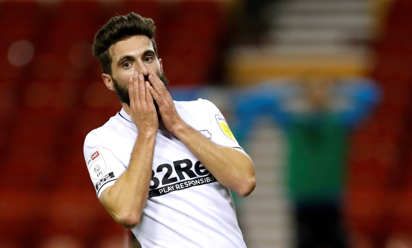 Soccer Football - Championship - Nottingham Forest v Derby County - The City Ground, Nottingham, Britain - October 23, 2020  Derby County's Graeme Shinnie reacts  Action Images/Andrew Boyers  EDITORIAL USE ONLY. No use with unauthorized audio, video, data, fixture lists, club/league logos or 