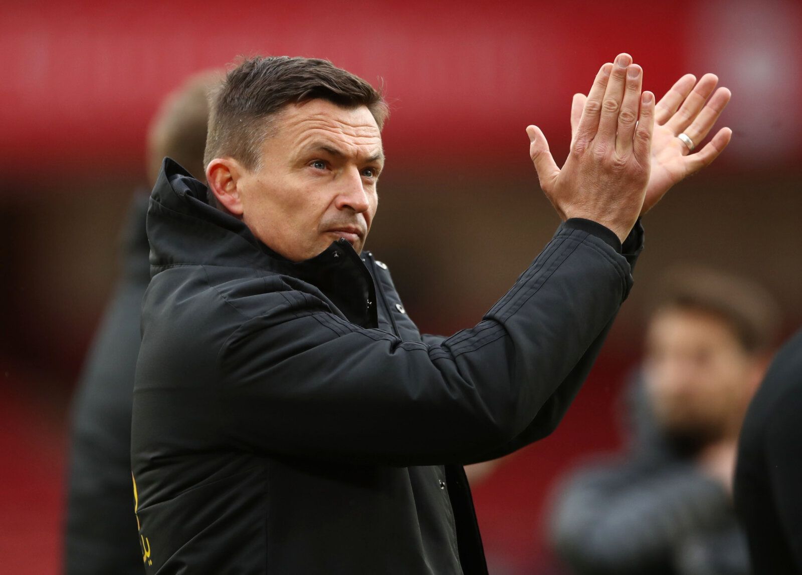 Soccer Football - Premier League - Sheffield United v Burnley - Bramall Lane, Sheffield, Britain - May 23, 2021 Sheffield United interim manager Paul Heckingbottom celebrates after the match Pool via REUTERS/Tim Goode EDITORIAL USE ONLY. No use with unauthorized audio, video, data, fixture lists, club/league logos or 'live' services. Online in-match use limited to 75 images, no video emulation. No use in betting, games or single club /league/player publications.  Please contact your account repr