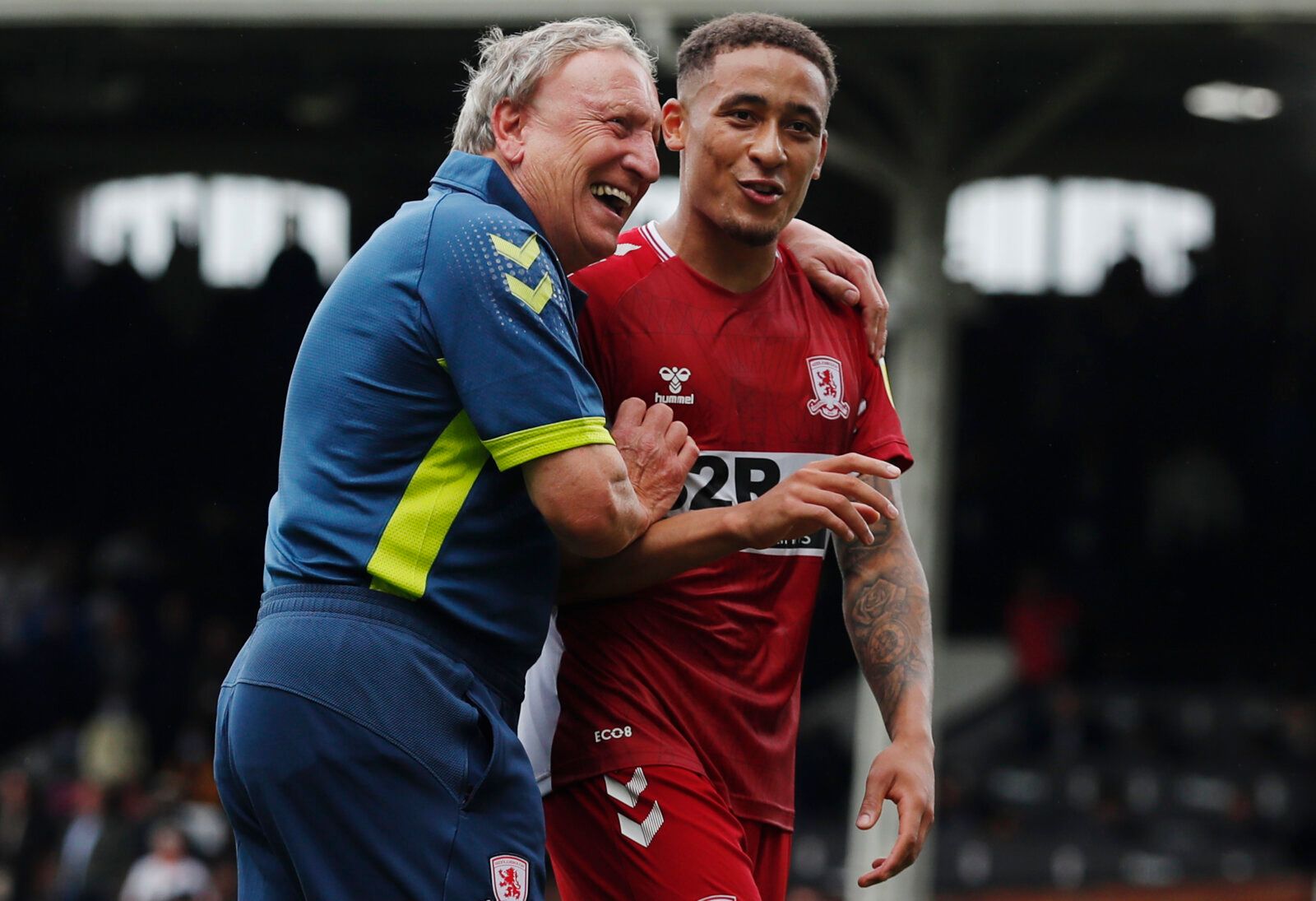 Soccer Football - Championship - Fulham v Middlesbrough - Craven Cottage, London, Britain - August 8, 2021 Middlesbrough manager Neil Warnock with Marcus Tavernier after the match Action Images/Andrew Couldridge