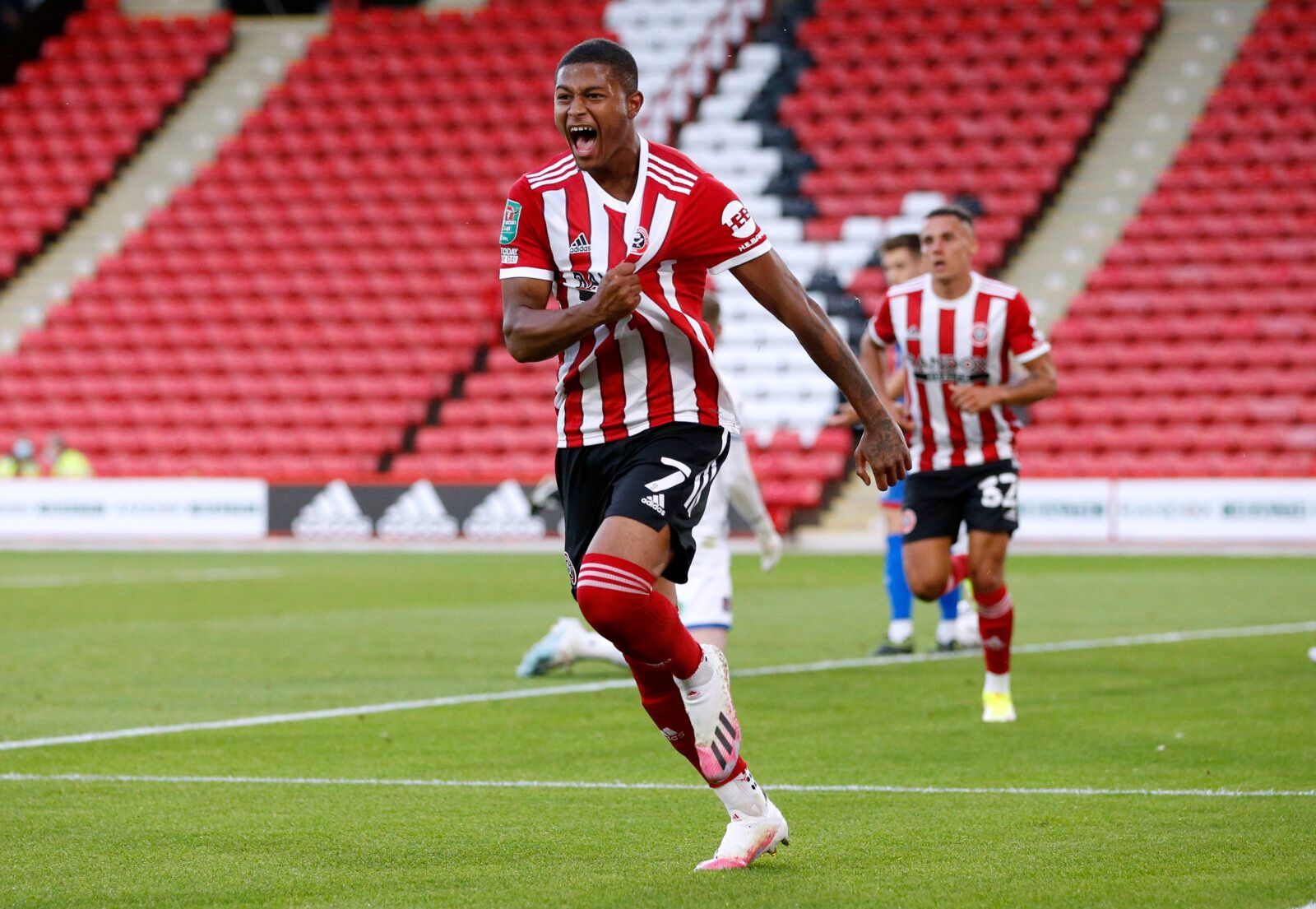 Soccer Football - Carabao Cup - First Round - Sheffield United v Carlisle United - Bramall Lane, Sheffield, Britain - August 10, 2021 Sheffield United's Rhian Brewster celebrates scoring their first goal Action Images/Ed Sykes EDITORIAL USE ONLY. No use with unauthorized audio, video, data, fixture lists, club/league logos or 'live' services. Online in-match use limited to 75 images, no video emulation. No use in betting, games or single club /league/player publications.  Please contact your acc