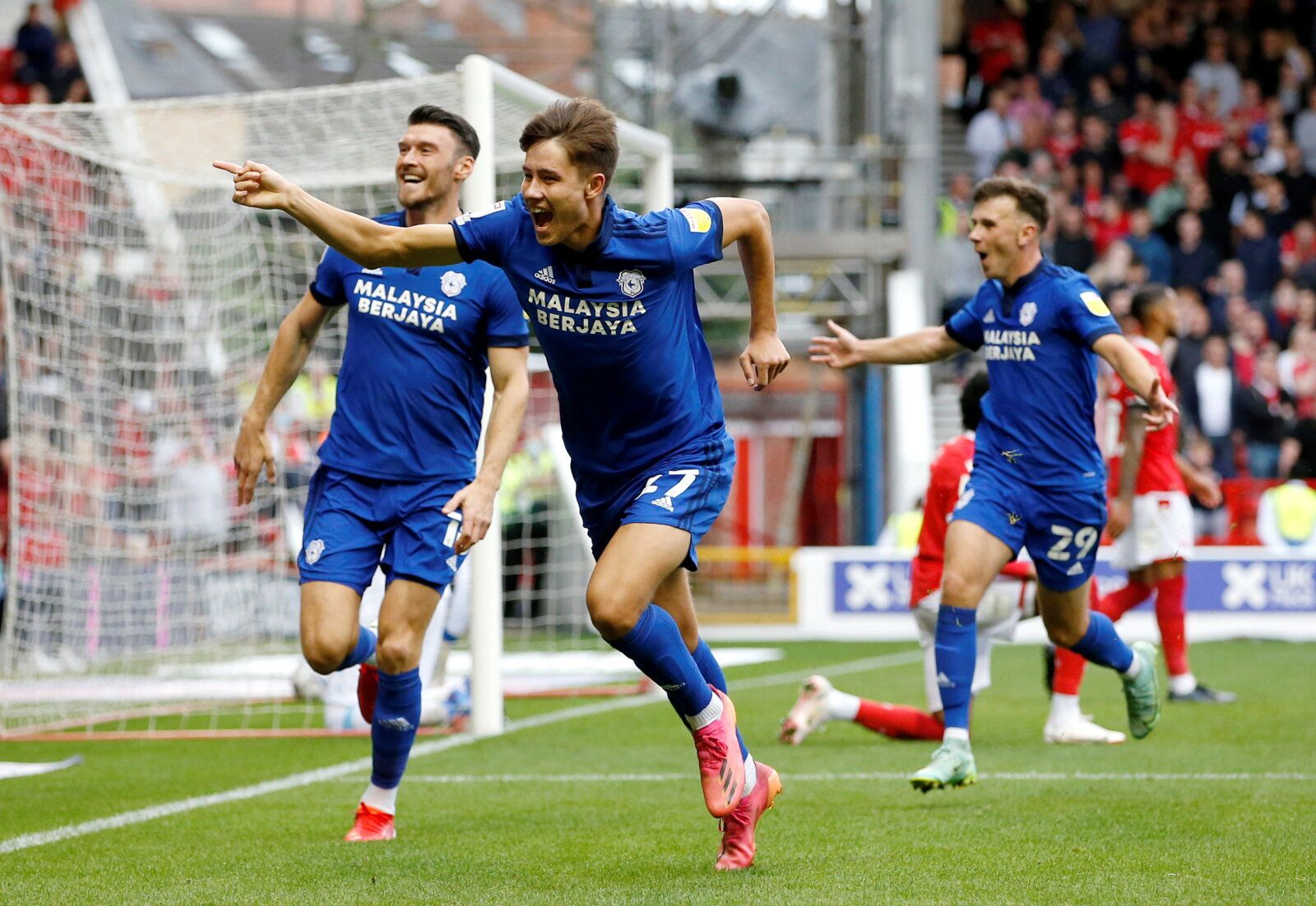 Soccer Football - Championship - Nottingham Forest v Cardiff City - The City Ground, Nottingham, Britain - September 12, 2021  Cardiff City's Ruben Colwill celebrates scoring their first goal   Action Images/Ed Sykes