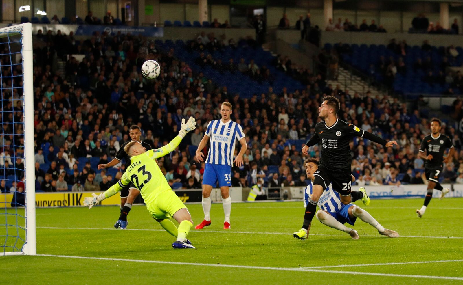 Soccer Football - Carabao Cup - Third Round - Brighton &amp; Hove Albion v Swansea City - The American Express Community Stadium, Brighton, Britain - September 22, 2021 Swansea City's Liam Cullen shoots at goal Action Images via Reuters/Andrew Boyers EDITORIAL USE ONLY. No use with unauthorized audio, video, data, fixture lists, club/league logos or 'live' services. Online in-match use limited to 75 images, no video emulation. No use in betting, games or single club /league/player publications. 