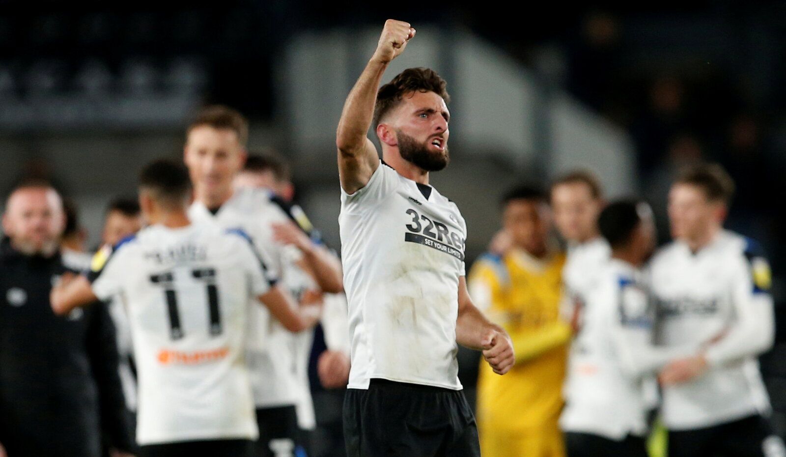 Soccer Football - Championship - Derby County v Reading - Pride Park, Derby, Britain - September 29, 2021 Derby County's Graeme Shinnie celebrates after the match  Action Images/Craig Brough  EDITORIAL USE ONLY. No use with unauthorized audio, video, data, fixture lists, club/league logos or 