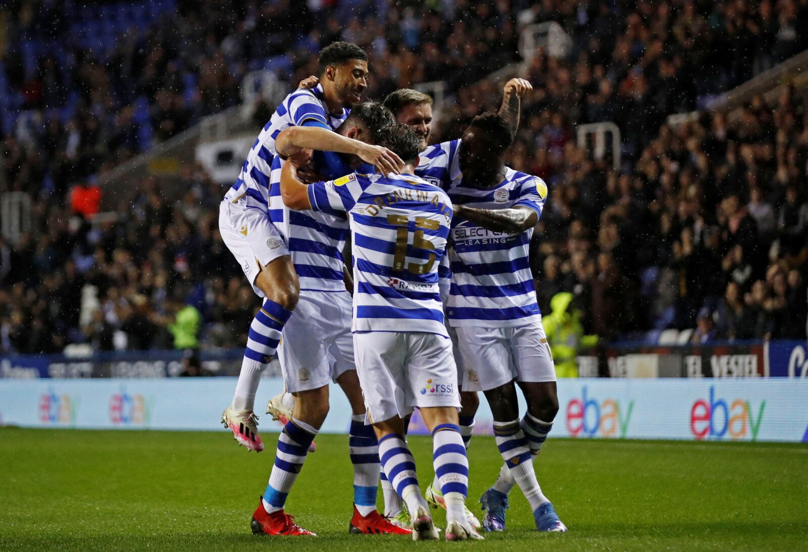 Soccer Football - Championship - Reading v Blackpool - Madejski Stadium, Reading, Britain - October 20, 2021 Reading's Scott Dann celebrates scoring their first goal with teammates  Action Images/Andrew Boyers  EDITORIAL USE ONLY. No use with unauthorized audio, video, data, fixture lists, club/league logos or 
