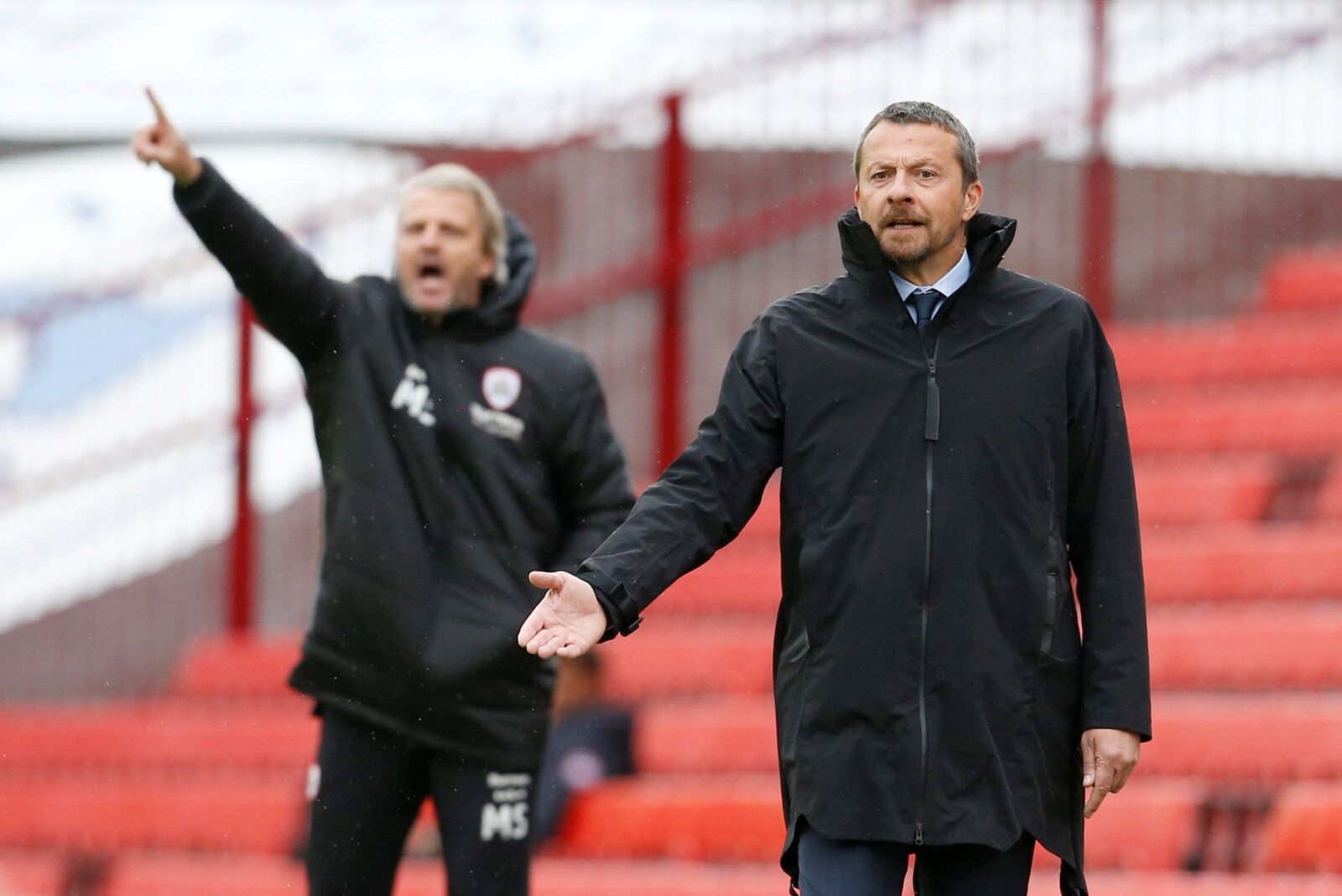 Soccer Football - Championship - Barnsley v Sheffield United - Oakwell, Barnsley, Britain - October 24, 2021 Sheffield United manager Slavisa Jokanovic and Barnsley manager Markus Schopp  Action Images/Ed Sykes  EDITORIAL USE ONLY. No use with unauthorized audio, video, data, fixture lists, club/league logos or 