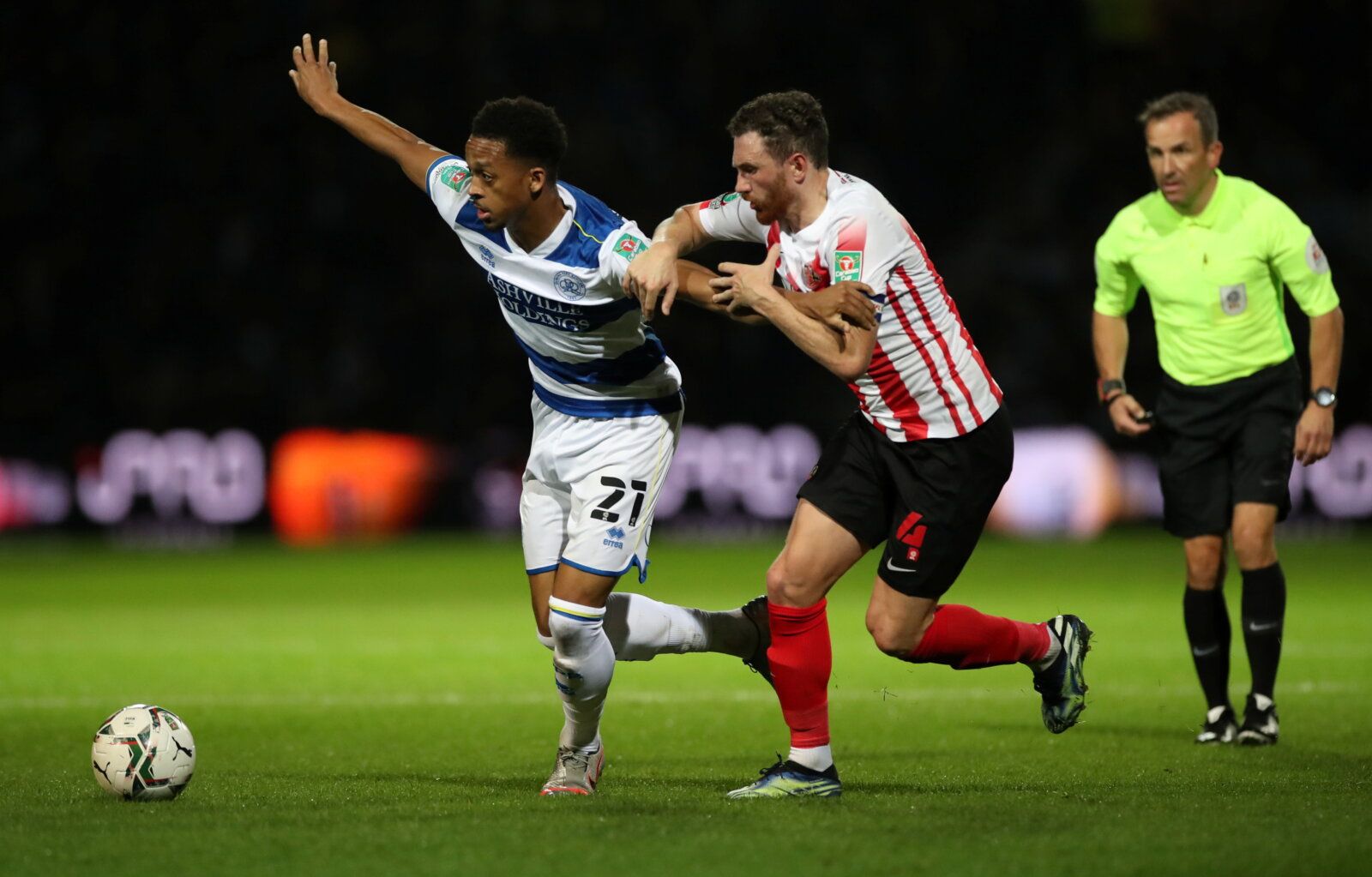 Soccer Football - Carabao Cup - Round of 16 - Queens Park Rangers v Sunderland - Loftus Road, London, Britain - October 26, 2021 Queens Park Rangers' Chris Willock in action with Sunderland?s Corry Evans  Action Images/Peter Cziborra  EDITORIAL USE ONLY. No use with unauthorized audio, video, data, fixture lists, club/league logos or 