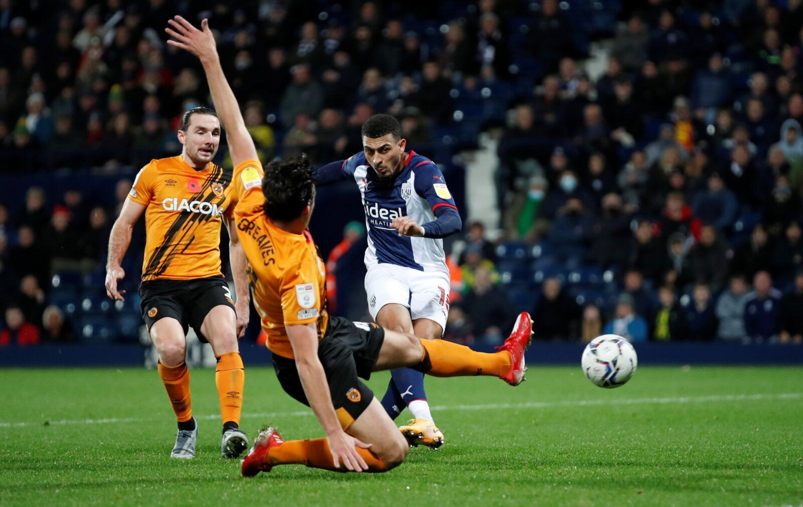 Soccer Football - Championship - West Bromwich Albion v Hull City - The Hawthorns, West Bromwich, Britain - November 3, 2021  West Bromwich Albion?s Karlan Grant scores their first goal  Action Images/Peter Cziborra  EDITORIAL USE ONLY. No use with unauthorized audio, video, data, fixture lists, club/league logos or 