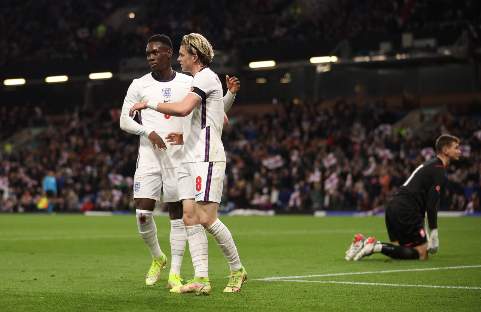 Soccer Football - UEFA Under 21 Championship Qualifiers - Group G - England v Czech Republic - Turf Moor, Burnley, Britain - November 11, 2021 England's Folarin Balogun celebrates scoring their third goal with Conor Gallagher Action Images via Reuters/Molly Darlington