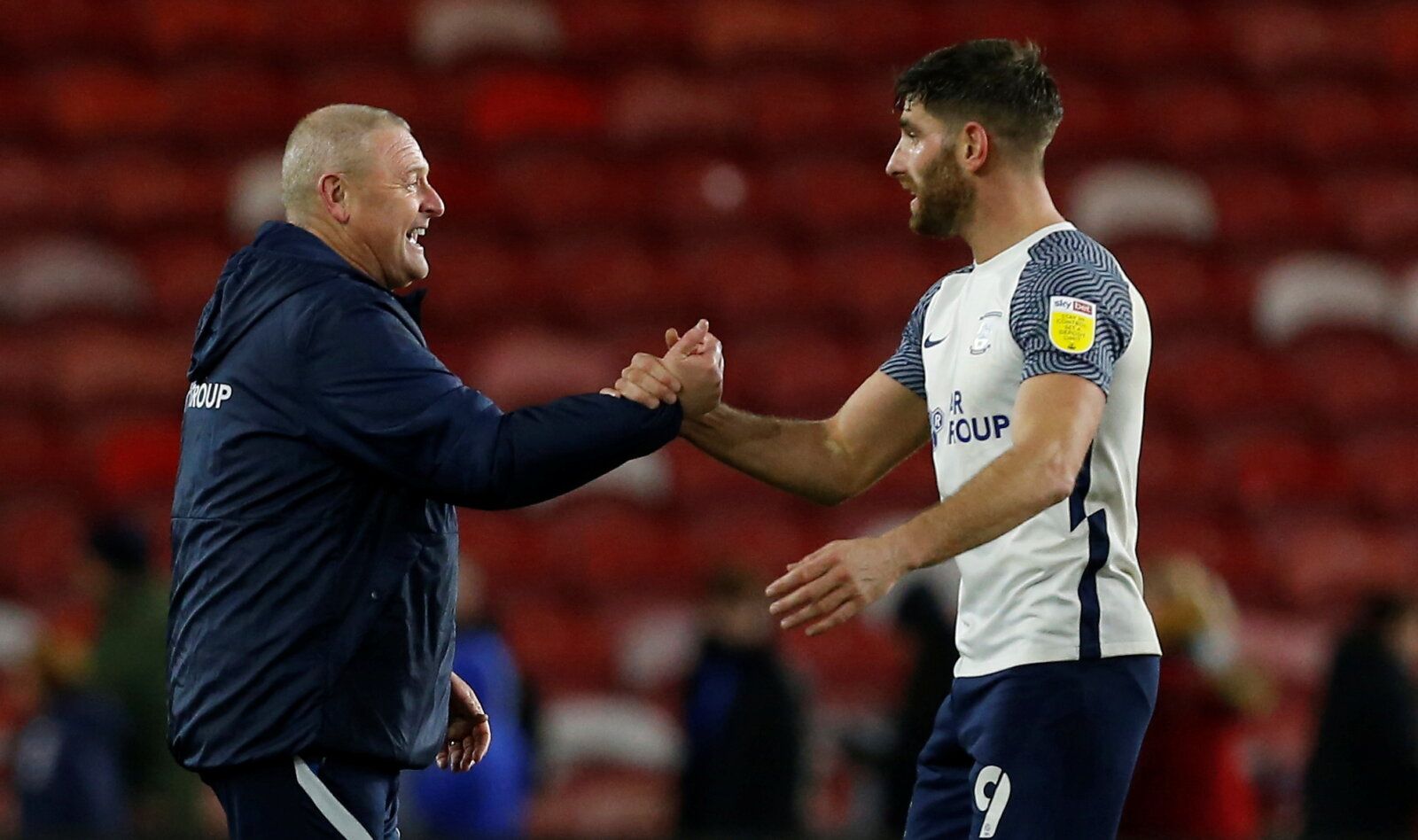 Soccer Football - Championship - Middlesbrough v Preston North End - Riverside Stadium, Middlesbrough, Britain - November 23, 2021 Preston North End manager Frankie McAvoy shakes hands with Ched Evans after the match  Action Images/Craig Brough