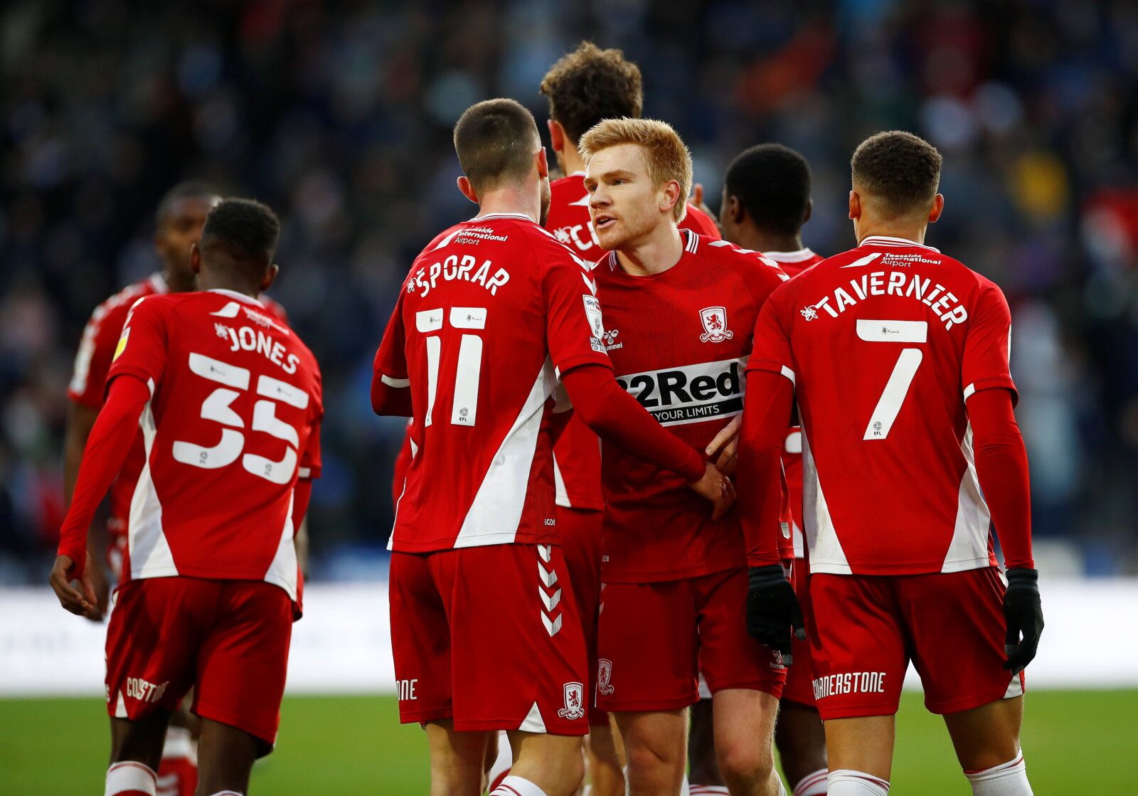 Soccer Football - Championship - Huddersfield Town v Middlesbrough - John Smith's Stadium, Huddersfield, Britain - November 27, 2021 Middlesbrough's Duncan Watmore celebrates scoring their second goal with teammates  Action Images/Jason Cairnduff