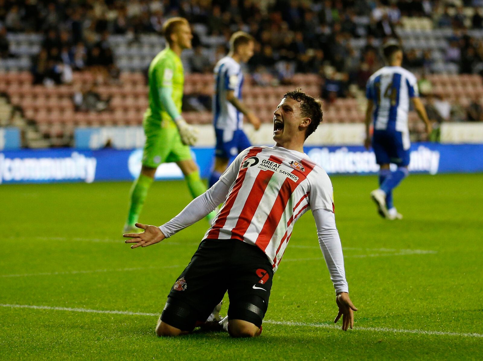 Soccer Football - Carabao Cup - Third Round - Wigan Athletic v Sunderland - DW Stadium, Wigan, Britain - September 21, 2021 Sunderland's Nathan Broadhead celebrates scoring their first goal Action Images/Craig Brough EDITORIAL USE ONLY. No use with unauthorized audio, video, data, fixture lists, club/league logos or 'live' services. Online in-match use limited to 75 images, no video emulation. No use in betting, games or single club /league/player publications.  Please contact your account repre