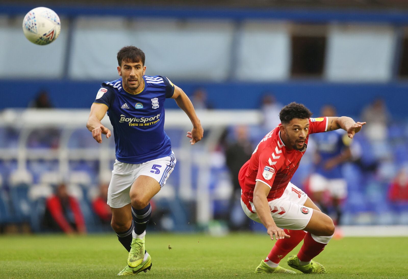 Soccer Football - Championship - Birmingham City v Charlton Athletic - St Andrew's, Birmingham, Britain - July 15, 2020  Birmingham City's Maxime Colin in action with Charlton Athletic's Macauley Bonne, as play resumes behind closed doors following the outbreak of the coronavirus disease (COVID-19)  Action Images/Carl Recine  EDITORIAL USE ONLY. No use with unauthorized audio, video, data, fixture lists, club/league logos or 