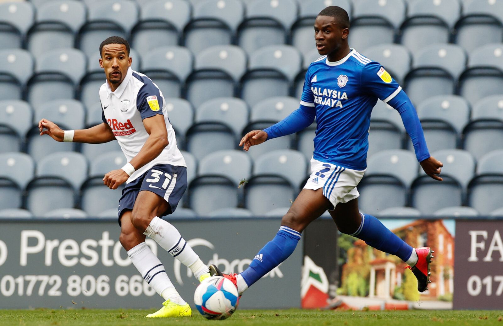 Soccer Football - Championship - Preston North End v Cardiff City - Deepdale, Preston, Britain - October 18, 2020 Cardiff City’s Jordi Osei-Tutu in action with Preston North End’s Scott Sinclair Action Images/Jason Cairnduff EDITORIAL USE ONLY. No use with unauthorized audio, video, data, fixture lists, club/league logos or 'live' services. Online in-match use limited to 75 images, no video emulation. No use in betting, games or single club /league/player publications.  Please contact your accou