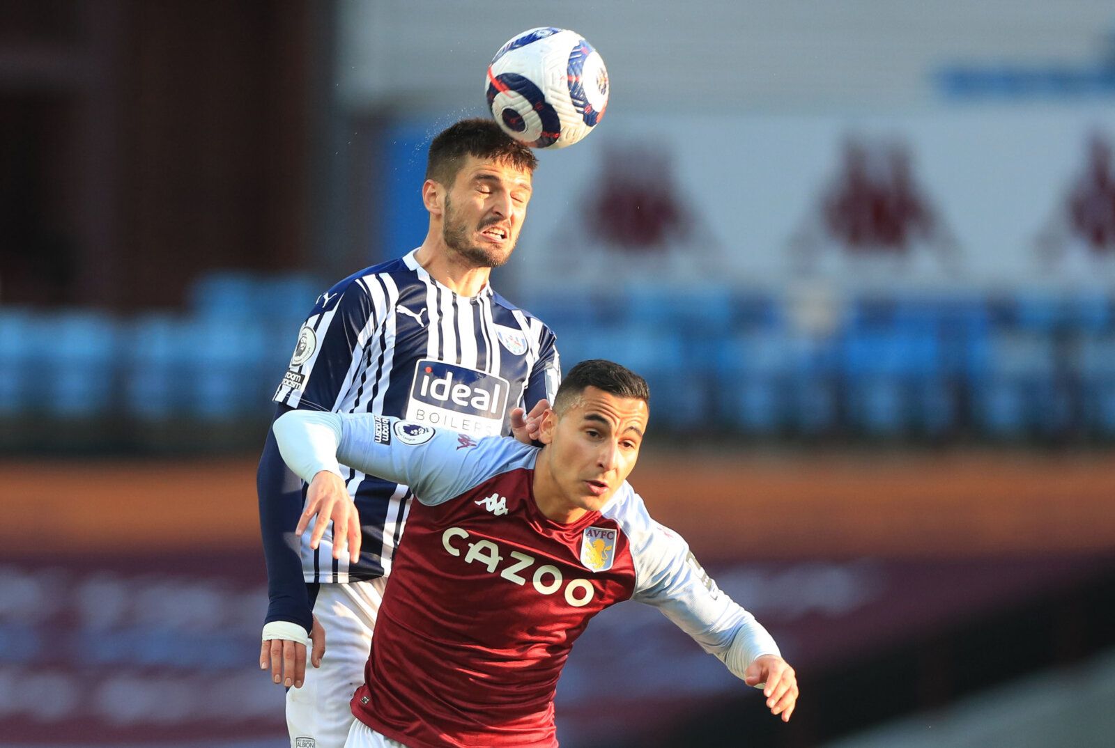 Soccer Football - Premier League - Aston Villa v West Bromwich Albion  - Villa Park, Birmingham, Britain - April 25, 2021 West Bromwich Albion's Okay Yokuslu in action with Aston Villa's Anwar El Ghazi Pool via REUTERS/Mike Egerton EDITORIAL USE ONLY. No use with unauthorized audio, video, data, fixture lists, club/league logos or 'live' services. Online in-match use limited to 75 images, no video emulation. No use in betting, games or single club /league/player publications.  Please contact you