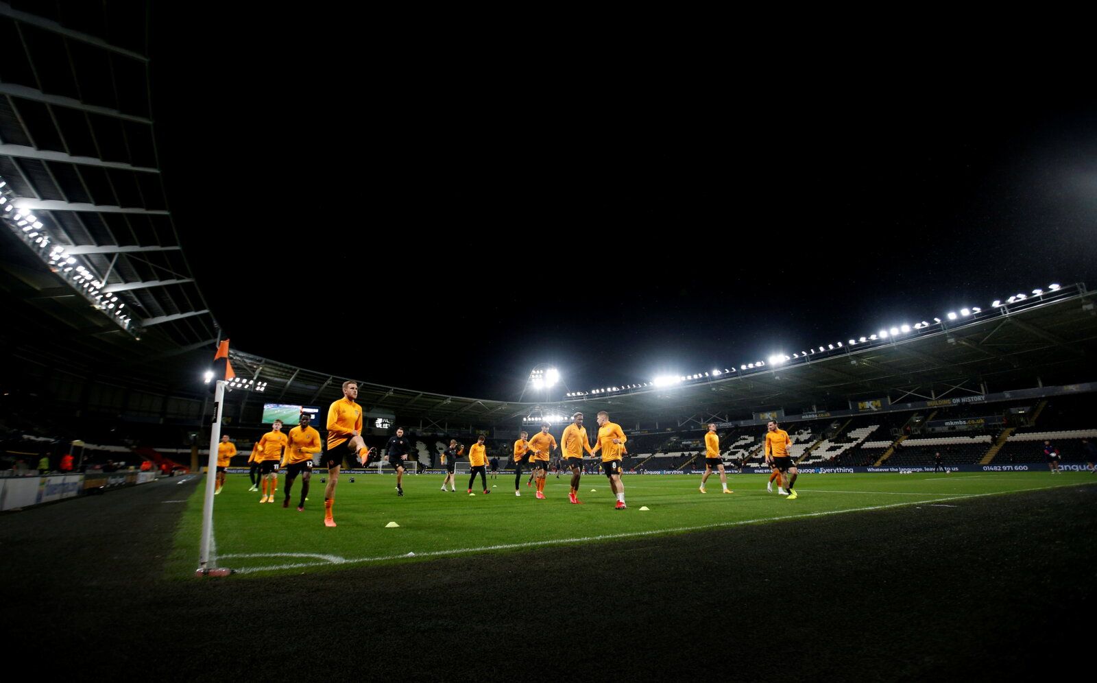 Soccer Football - Championship - Hull City v Blackpool - KCOM Stadium, Hull, Britain - September 28, 2021  General view as Hull City players warm up before the match  Action Images/Ed Sykes  EDITORIAL USE ONLY. No use with unauthorized audio, video, data, fixture lists, club/league logos or 