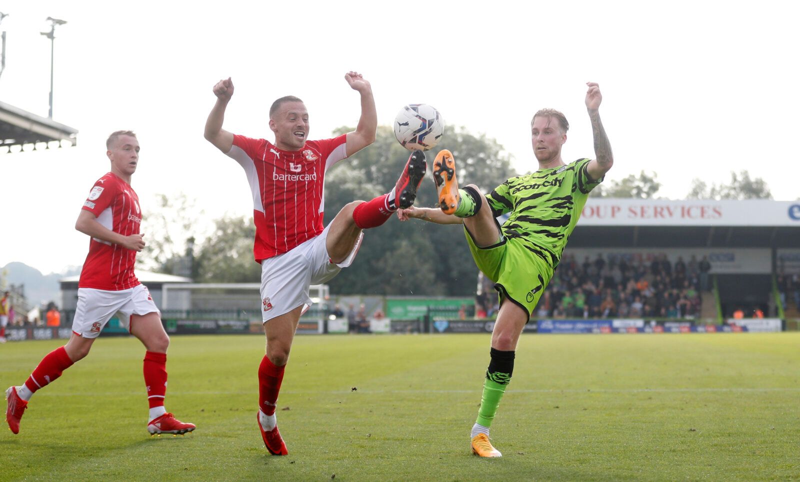 Soccer Football - League Two - Forest Green Rovers v Swindon Town - The New Lawn Stadium, Nailsworth, Britain - October 9, 2021 Forest Green Rovers’ Ben Stevenson in action with Swindon Town’s Jack Payne Action Images/Matthew Childs EDITORIAL USE ONLY. No use with unauthorized audio, video, data, fixture lists, club/league logos or 'live' services. Online in-match use limited to 75 images, no video emulation. No use in betting, games or single club /league/player publications.  Please contact yo