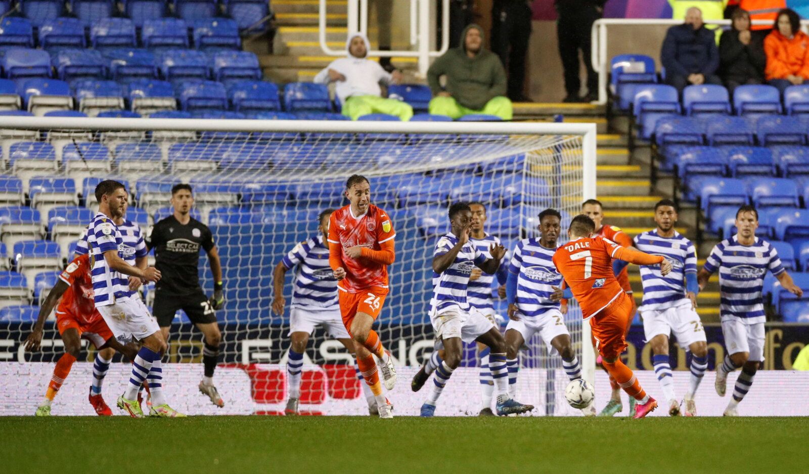 Soccer Football - Championship - Reading v Blackpool - Madejski Stadium, Reading, Britain - October 20, 2021 Blackpool’s Owen Dale scores their first goal    Action Images/Andrew Boyers  EDITORIAL USE ONLY. No use with unauthorized audio, video, data, fixture lists, club/league logos or 