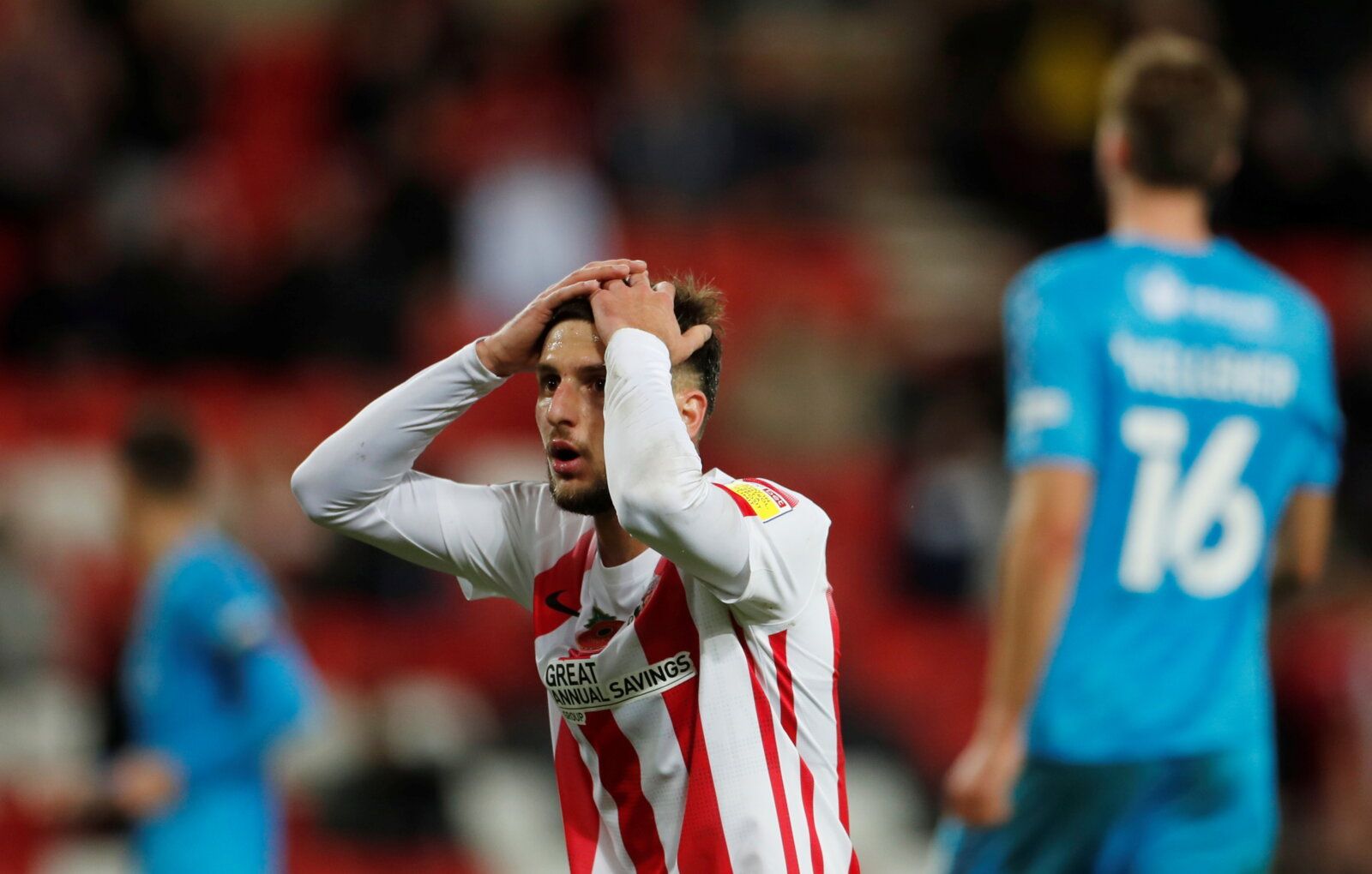Soccer Football - EFL Trophy - Group Stage - Sunderland v Bradford City - Stadium of Light, Sunderland, Britain - November 9, 2021  Sunderland’s Leon Dajaku looks dejected    Action Images/Lee Smith  EDITORIAL USE ONLY. No use with unauthorized audio, video, data, fixture lists, club/league logos or 