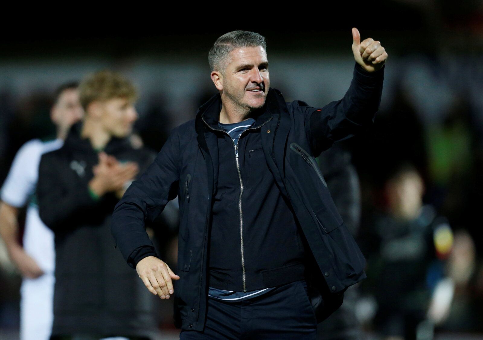 Soccer Football - League One - Accrington Stanley v Plymouth Argyle - Wham Stadium, Accrington, Britain - November 13, 2021 Plymouth Argyle manager Ryan Lowe celebrates after the match      Action Images/Ed Sykes