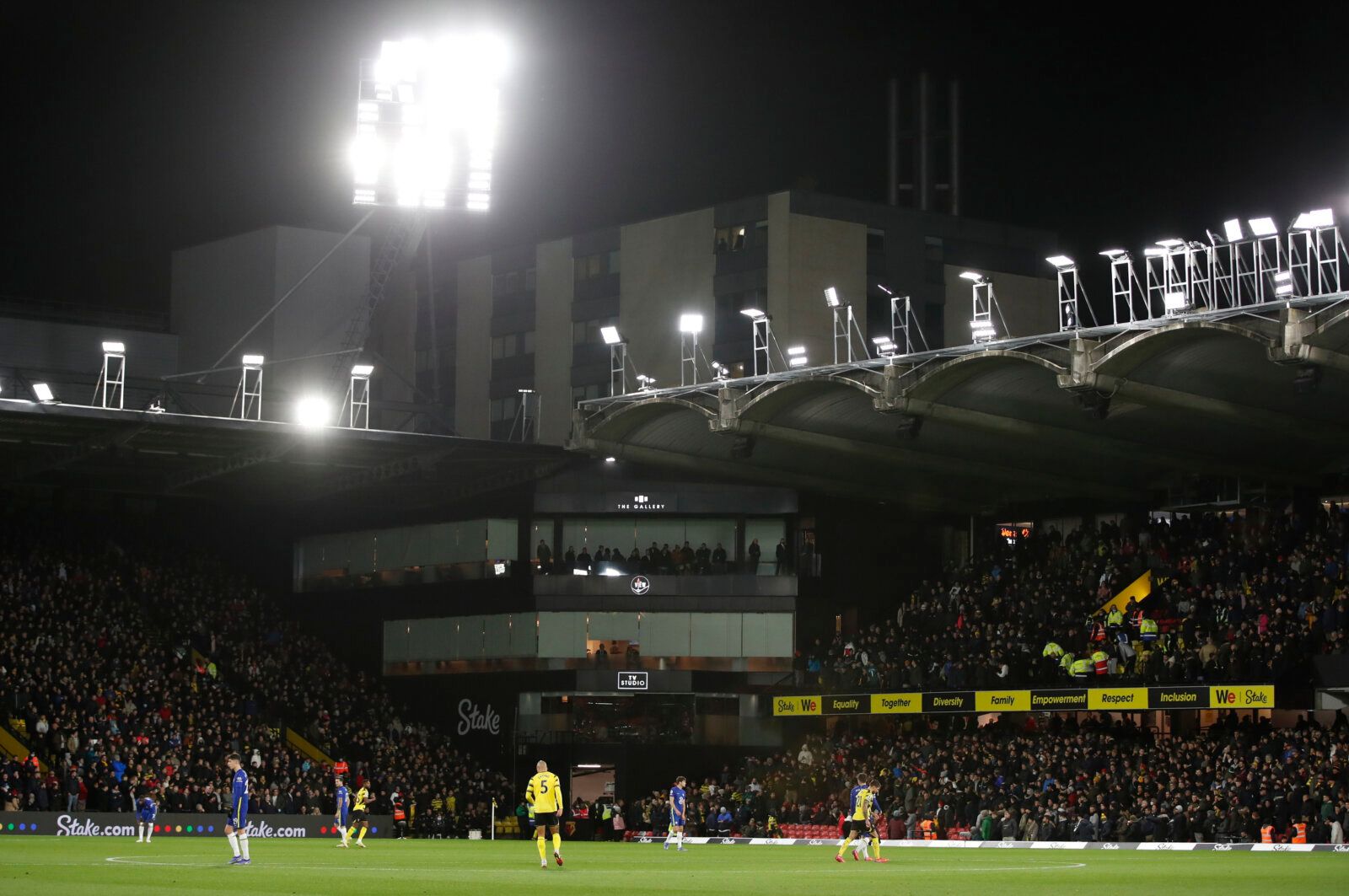 Soccer Football - Premier League - Watford v Chelsea - Vicarage Road, Watford - December 1, 2021 General view as a Watford fan in the stand is given emergency medical help Action Images via Reuters/Paul Childs EDITORIAL USE ONLY. No use with unauthorized audio, video, data, fixture lists, club/league logos or 'live' services. Online in-match use limited to 75 images, no video emulation. No use in betting, games or single club /league/player publications.  Please contact your account representati