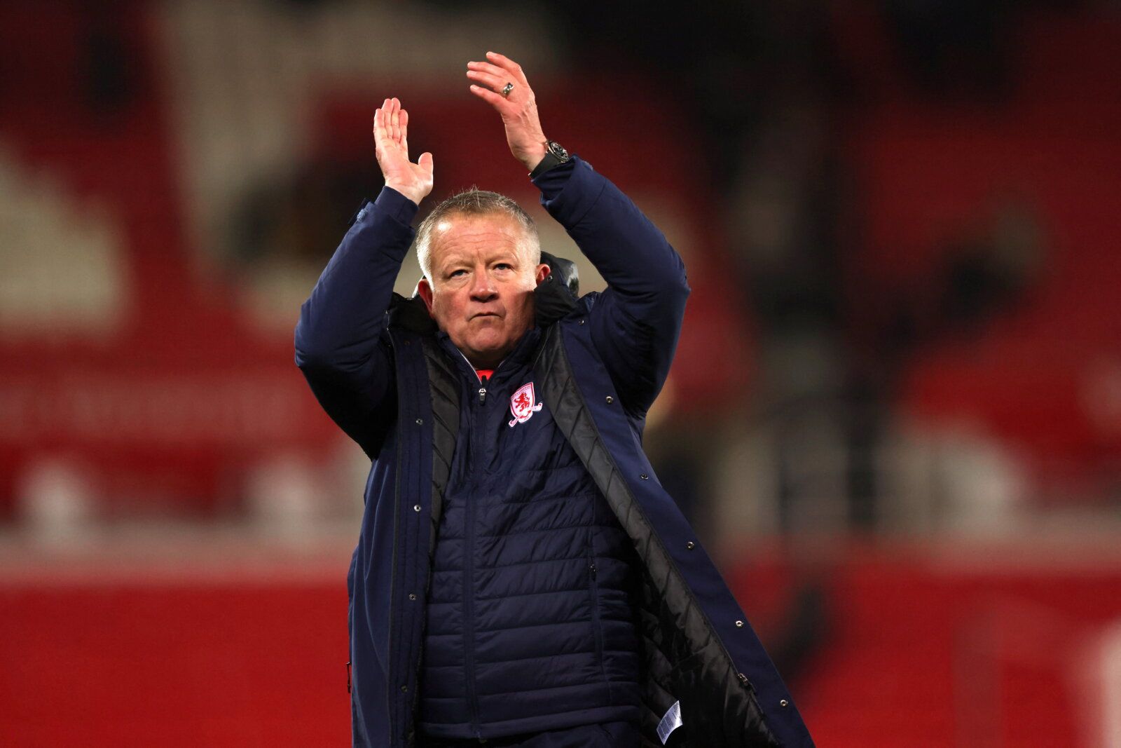 Soccer Football - Championship - Stoke City v Middlesbrough - bet365 Stadium, Stoke-on-Trent, Britain - December 11, 2021  Middlesbrough manager Chris Wilder applauds fans at the end of the match  Action Images/John Clifton  EDITORIAL USE ONLY. No use with unauthorized audio, video, data, fixture lists, club/league logos or 