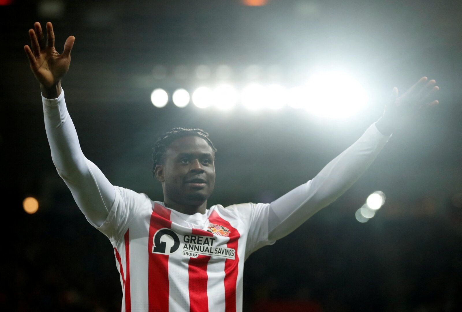 Soccer Football - League One - Sunderland v Sheffield Wednesday - Stadium of Light, Sunderland, Britain - December 30, 2021  Sunderland?s Benji Kimpioka celebrates scoring their fifth goal    Action Images/Lee Smith  EDITORIAL USE ONLY. No use with unauthorized audio, video, data, fixture lists, club/league logos or 