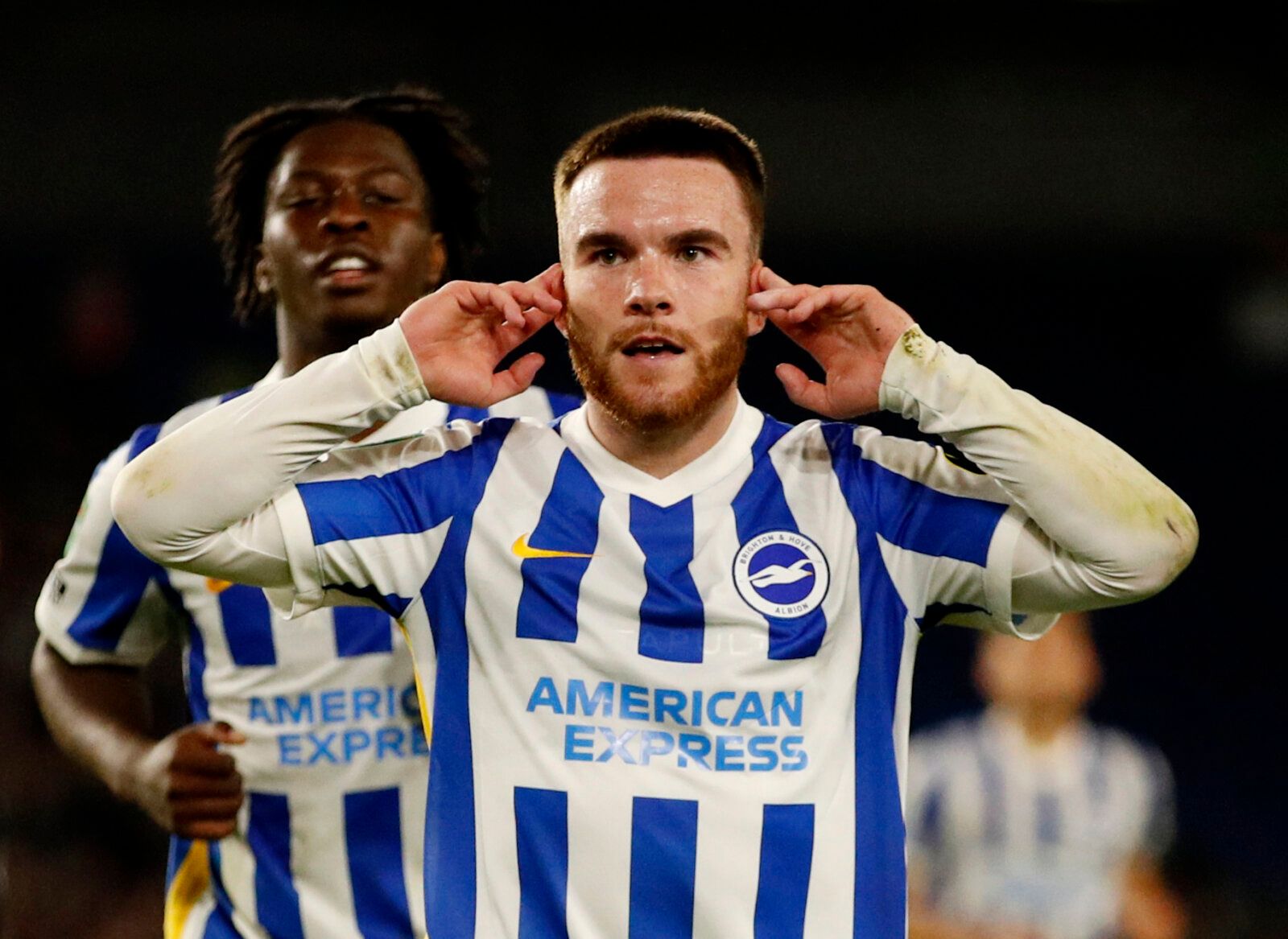 Soccer Football - Carabao Cup - Third Round - Brighton &amp; Hove Albion v Swansea City - The American Express Community Stadium, Brighton, Britain - September 22, 2021 Brighton &amp; Hove Albion's Aaron Connolly celebrates scoring their second goal Action Images via Reuters/Andrew Boyers EDITORIAL USE ONLY. No use with unauthorized audio, video, data, fixture lists, club/league logos or 'live' services. Online in-match use limited to 75 images, no video emulation. No use in betting, games or si
