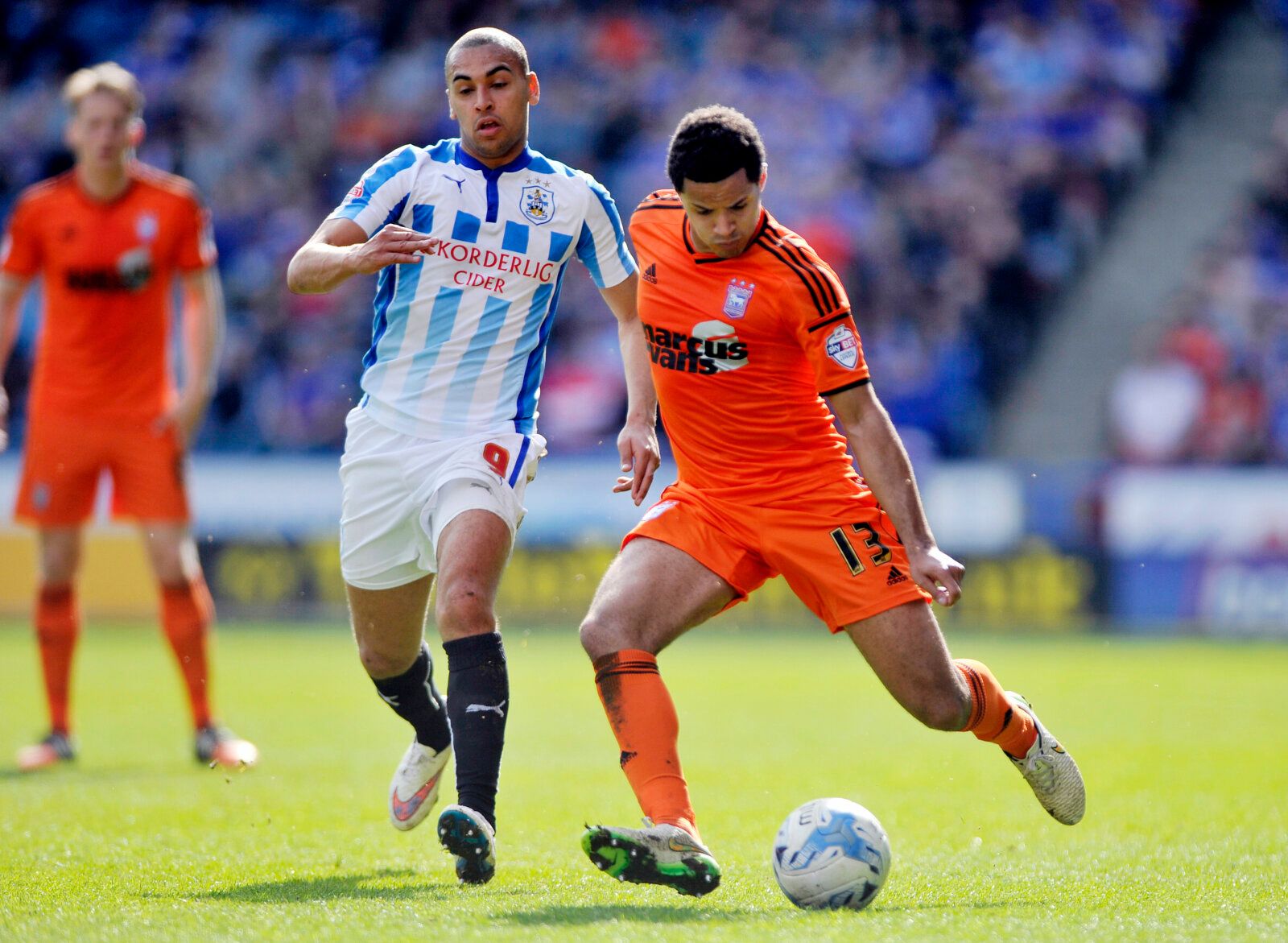 Football - Huddersfield Town v Ipswich Town - Sky Bet Football League Championship - John Smith's Stadium - 6/4/15 
Ipswich Town's Zeki Fryers (R) in action with Huddersfield Town's James Vaughan 
Mandatory Credit: Action Images / Adam Holt 
Livepic 
EDITORIAL USE ONLY. No use with unauthorized audio, video, data, fixture lists, club/league logos or 