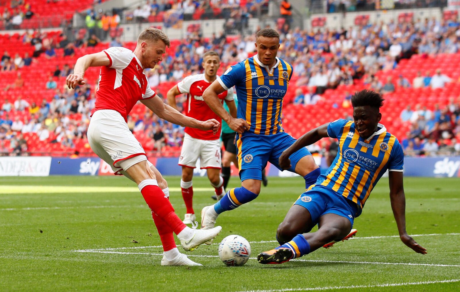 Soccer Football - League One Play-Off Final - Rotherham United v Shrewsbury Town - Wembley Stadium, London, Britain - May 27, 2018   Rotherham's Michael Smith in action with Shrewsbury Town's Aristote Nsiala   Action Images/Jason Cairnduff    EDITORIAL USE ONLY. No use with unauthorized audio, video, data, fixture lists, club/league logos or 