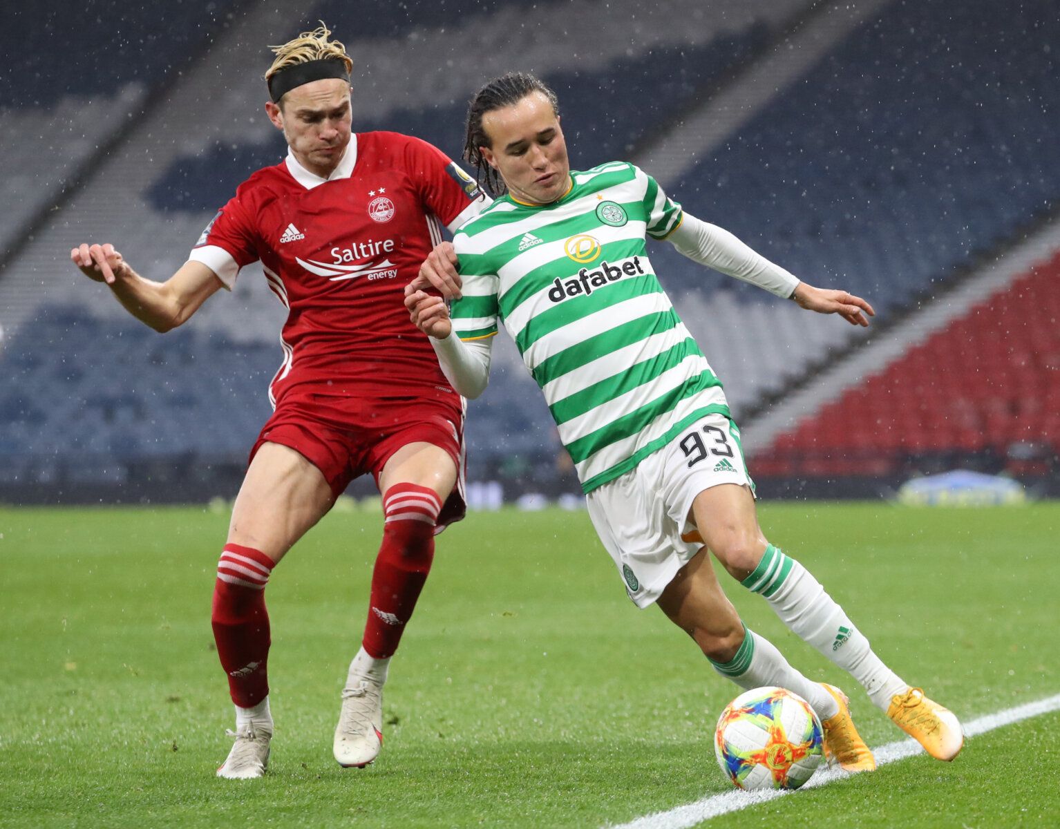 Soccer Football - Scottish Cup Semi Final - Celtic v Aberdeen - Hampden Park, Glasgow, Scotland, Britain - November 1, 2020 Aberdeen's Ryan Hedges in action with Celtic's Diego Laxalt REUTERS/Russell Cheyne