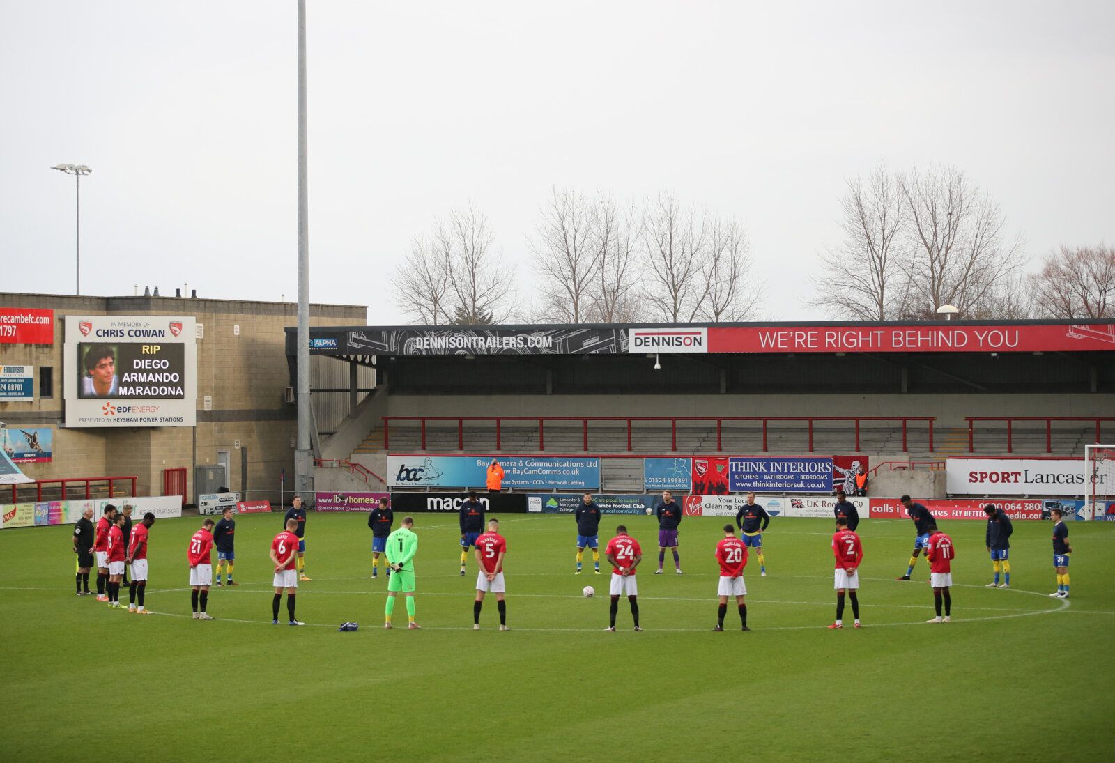 Soccer Football - FA Cup Second Round - Morecambe v Solihull Moors - Mazuma Stadium, Morecambe, Britain - November 28, 2020 General view as players observe a minutes silence in memory of Diego Maradona before the match Action Images/Molly Darlington