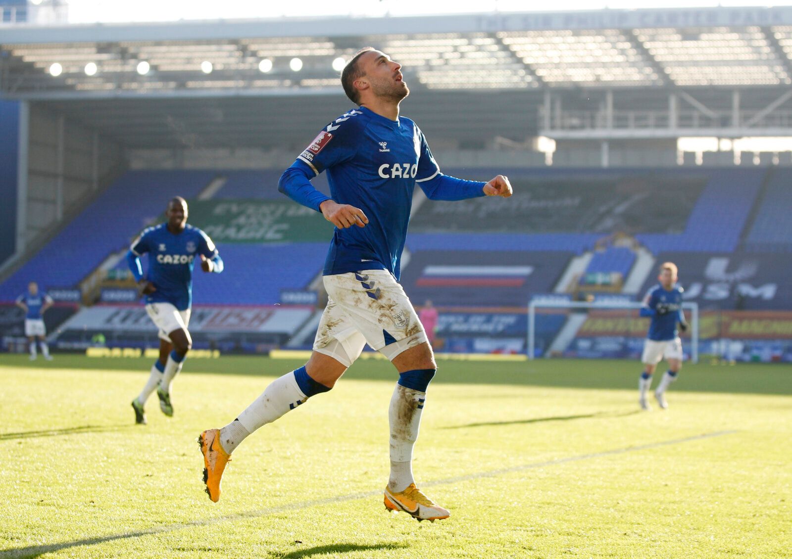 Soccer Football - FA Cup Third Round - Everton v Rotherham United - Goodison Park, Liverpool, Britain - January 9, 2021 Everton's Cenk Tosun celebrates scoring a goal that is later disallowed REUTERS/Phil Noble