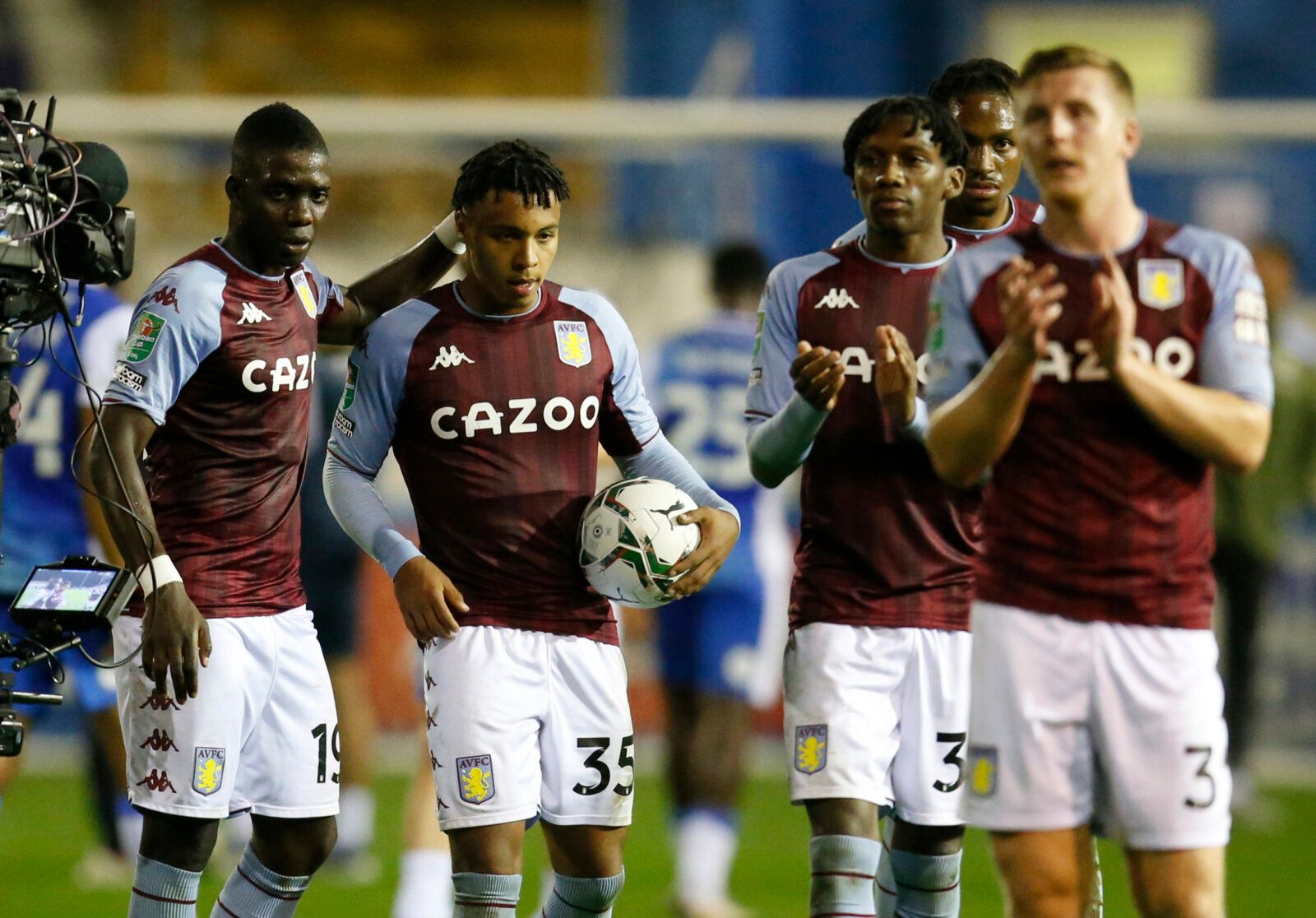 Soccer - England - Carabao Cup Second Round - Barrow v Aston Villa - Holker Street, Barrow-in-Furness, Britain - August 24, 2021 Aston Villa's Cameron Archer celebrates with teammates after the match after scoring a hat-trick Action Images via Reuters/Ed Sykes