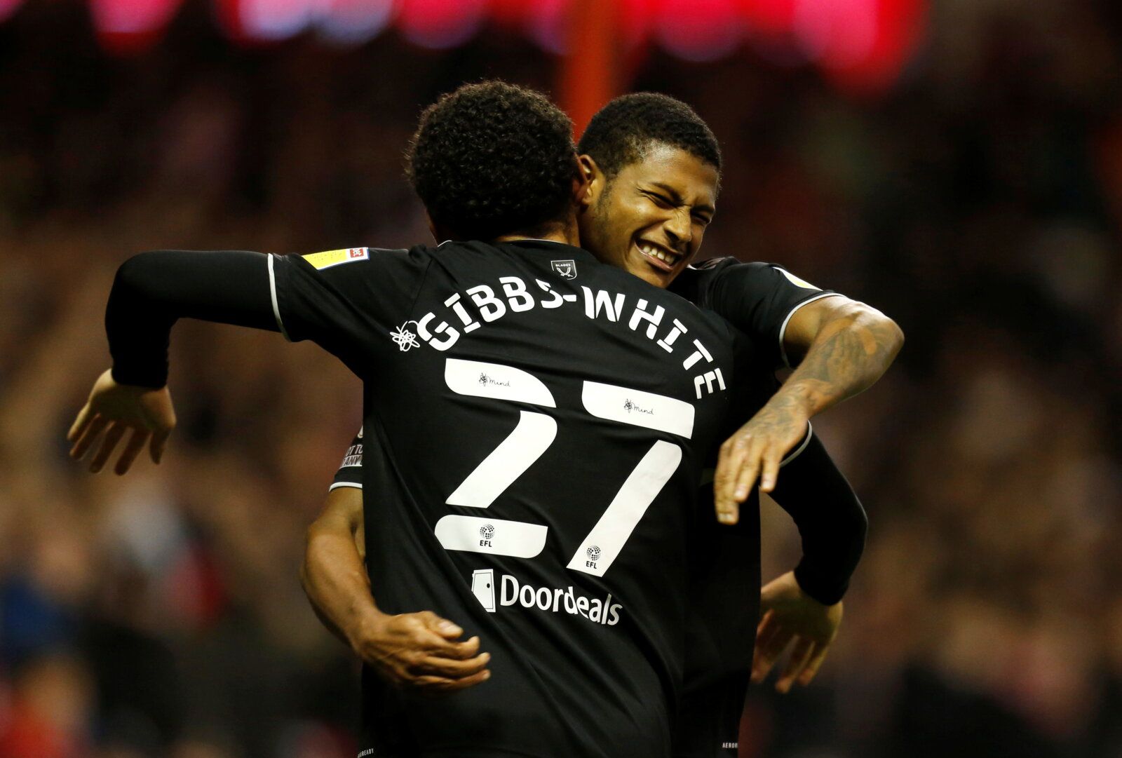 Soccer Football - Championship - Nottingham Forest v Sheffield United - The City Ground, Nottingham, Britain - November 2, 2021 Sheffield United's Morgan Gibbs-White celebrates scoring their first goal with Rhian Brewster   Action Images/Ed Sykes  EDITORIAL USE ONLY. No use with unauthorized audio, video, data, fixture lists, club/league logos or 