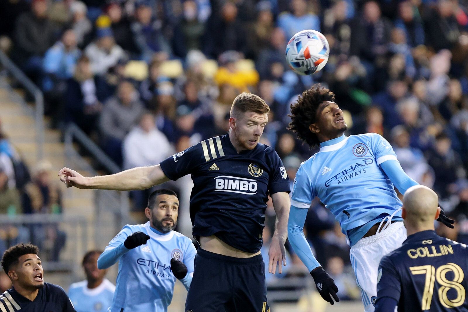 Dec 5, 2021; Chester, PA, USA; Philadelphia Union defender Stuart Findlay (4) battles for the ball with New York City FC forward Talles Magno (43) during the second half of the Eastern Conference Finals of the 2021 MLS Playoffs at Subaru Park. New York City FC won 2-1. Mandatory Credit: Bill Streicher-USA TODAY Sports