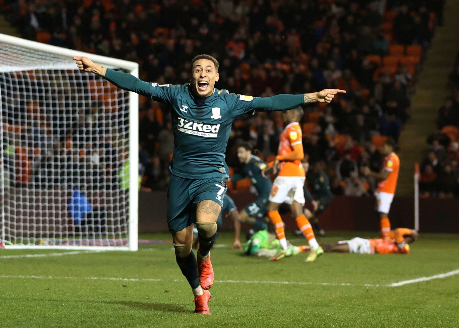 Soccer Football - Championship - Blackpool v Middlesbrough - Bloomfield Road, Blackpool, Britain - December 29, 2021  Middlesbrough's Marcus Tavernier celebrates after Duncan Watmore scored their second goal  Action Images/Molly Darlington    EDITORIAL USE ONLY. No use with unauthorized audio, video, data, fixture lists, club/league logos or 