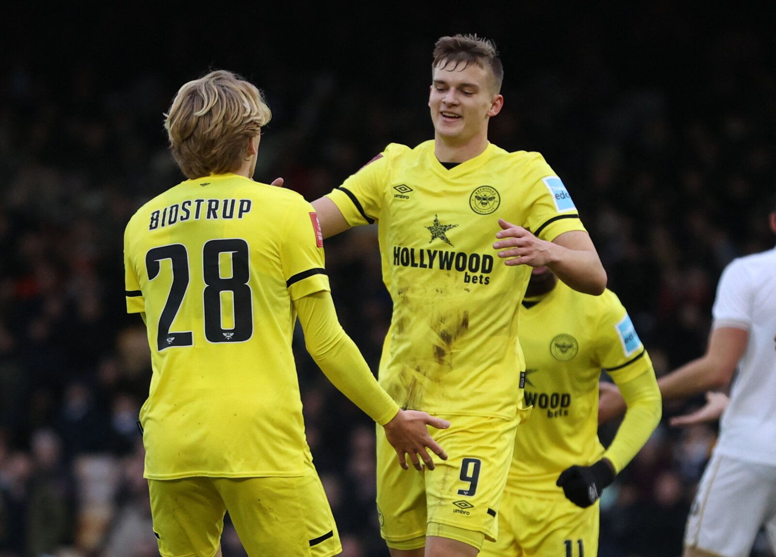 Soccer Football - FA Cup Third Round - Port Vale v Brentford - Vale Park, Stoke-on-Trent, Britain - January 8, 2022  Brentford's Marcus Forss celebrates scoring their first goal with Mads Bidstrup Action Images via Reuters/Molly Darlington