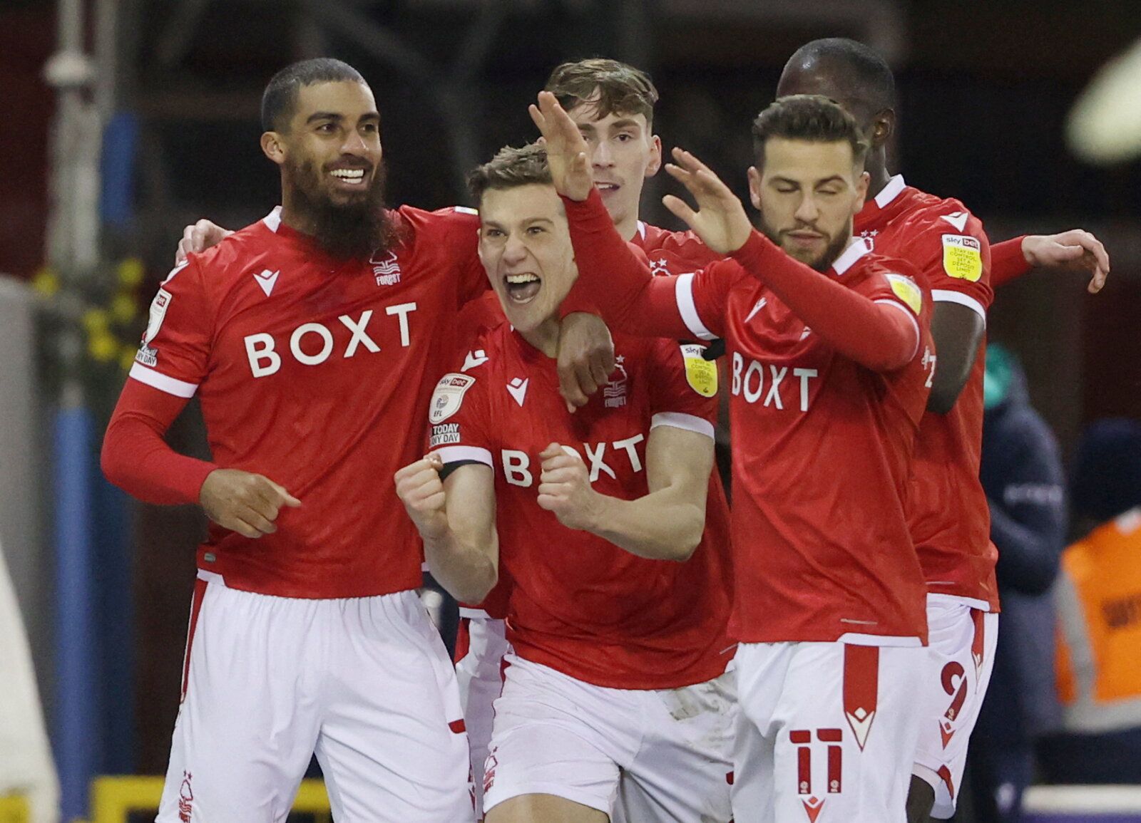 Soccer Football - Championship -  Nottingham Forest v Barnsley - City Ground, Nottingham, Britain - January 25, 2022  Nottingham Forest's Ryan Yates celebrates scoring their first goal with teammates   Action Images/Molly Darlington    EDITORIAL USE ONLY. No use with unauthorized audio, video, data, fixture lists, club/league logos or 