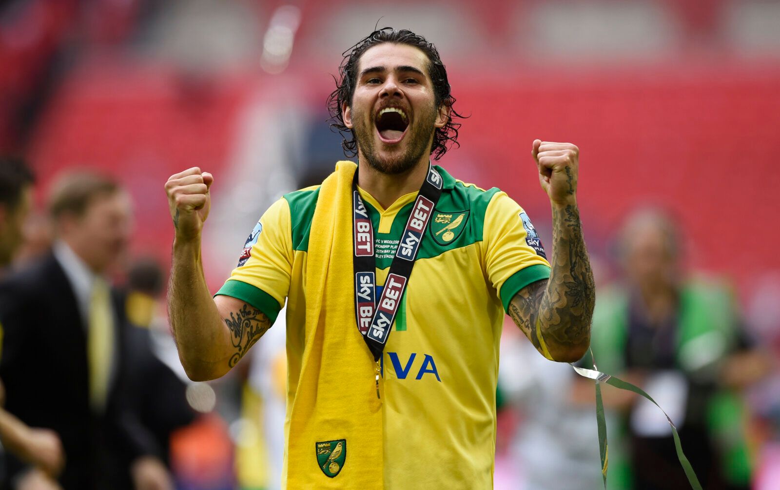 Football - Norwich City v Middlesbrough - Sky Bet Football League Championship Play-Off Final - Wembley Stadium - 25/5/15 
Norwich City's Bradley Johnson celebrates at full time after gaining promotion to the Barclays Premier League 
Action Images via Reuters / Tony O'Brien 
Livepic 
EDITORIAL USE ONLY. No use with unauthorized audio, video, data, fixture lists, club/league logos or 