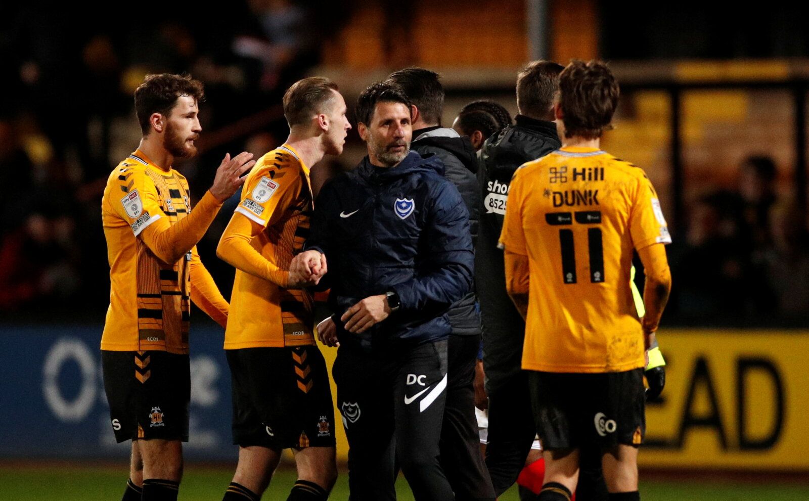 Soccer Football - League One - Cambridge United v Portsmouth - Abbey Stadium, Cambridge, Britain - January 3, 2022 Portsmouth manager Danny Cowley shakes hands at the final whistle Action Images/Andrew Boyers  EDITORIAL USE ONLY. No use with unauthorized audio, video, data, fixture lists, club/league logos or 