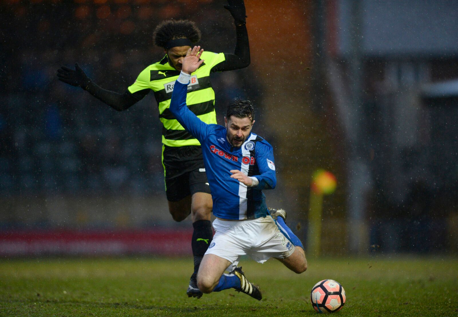 Britain Football Soccer - Rochdale v Huddersfield Town - FA Cup Fourth Round - Crown Oil Arena - 28/1/17 Rochdale's Joseph Rafferty is fouled by Huddersfield Towns Izzy Brown Mandatory Credit: Action Images / Adam Holt Livepic EDITORIAL USE ONLY. No use with unauthorized audio, video, data, fixture lists, club/league logos or 