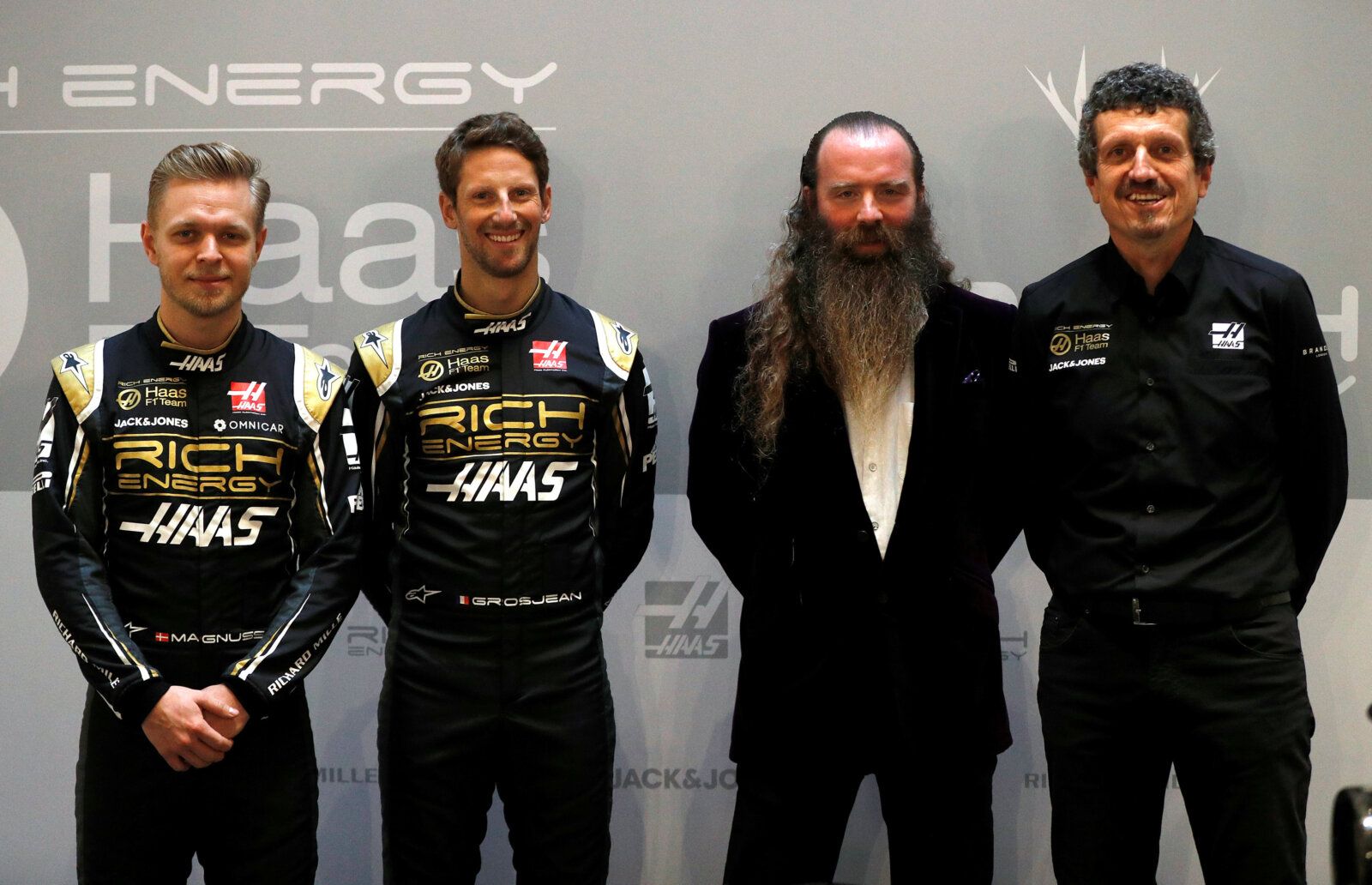 Formula One F1 - Haas Formula One Team Livery Launch - Royal Automobile Club, London, Britain - February 7, 2019   Haas' Kevin Magnussen, Romain Grosjean, Rich Energy CEO William Storey and Haas Team Principal Guenther Steiner during the launch   REUTERS/John Sibley