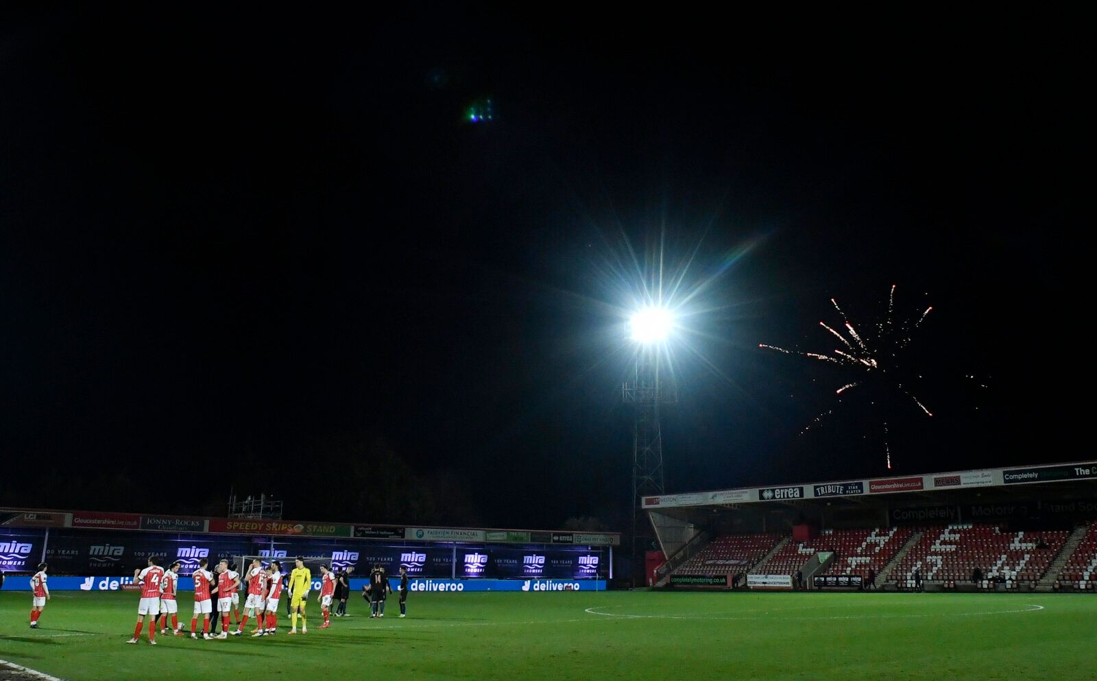 Soccer Football - FA Cup - Fourth Round - Cheltenham Town v Manchester City - The Jonny-Rocks Stadium, Cheltenham, Britain - January 23, 2021 Players walk off the pitch as the referee has stopped play due to fireworks Pool via REUTERS/Toby Melville