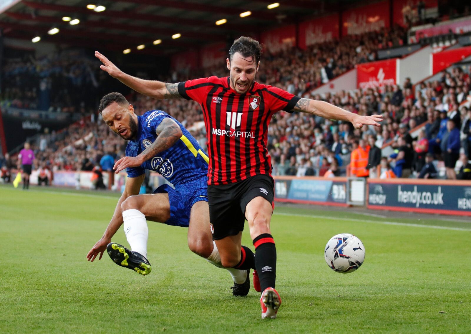 Soccer Football - Pre Season Friendly - AFC Bournemouth v Chelsea - Vitality Stadium, Bournemouth, Britain - July 27, 2021 Chelsea's Lewis Baker in action with Bournemouth's Adam Smith Action Images via Reuters/Peter Cziborra