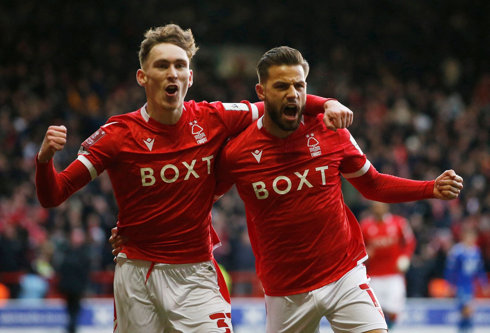 Soccer Football - FA Cup - Fourth Round - Nottingham Forest v Leicester City - The City Ground, Nottingham, Britain - February 6, 2022 Nottingham Forest's Philip Zinckernagel celebrates scoring their first goal with James Garner REUTERS/Craig Brough